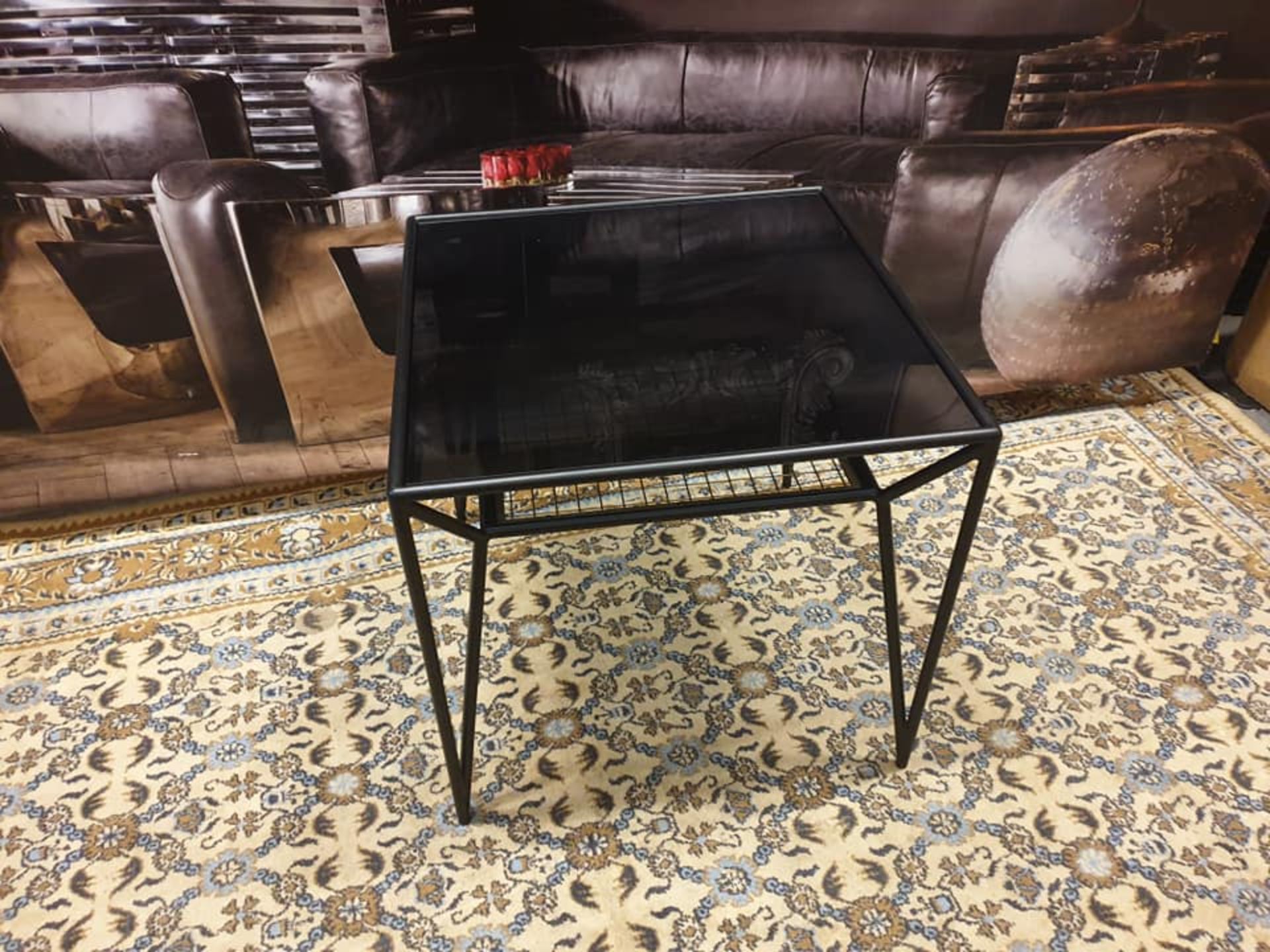 Ashkelly Side Table Black Metal Frame With Black Glass Top Brass Inlay With Low Shelf The Contrast - Image 2 of 2