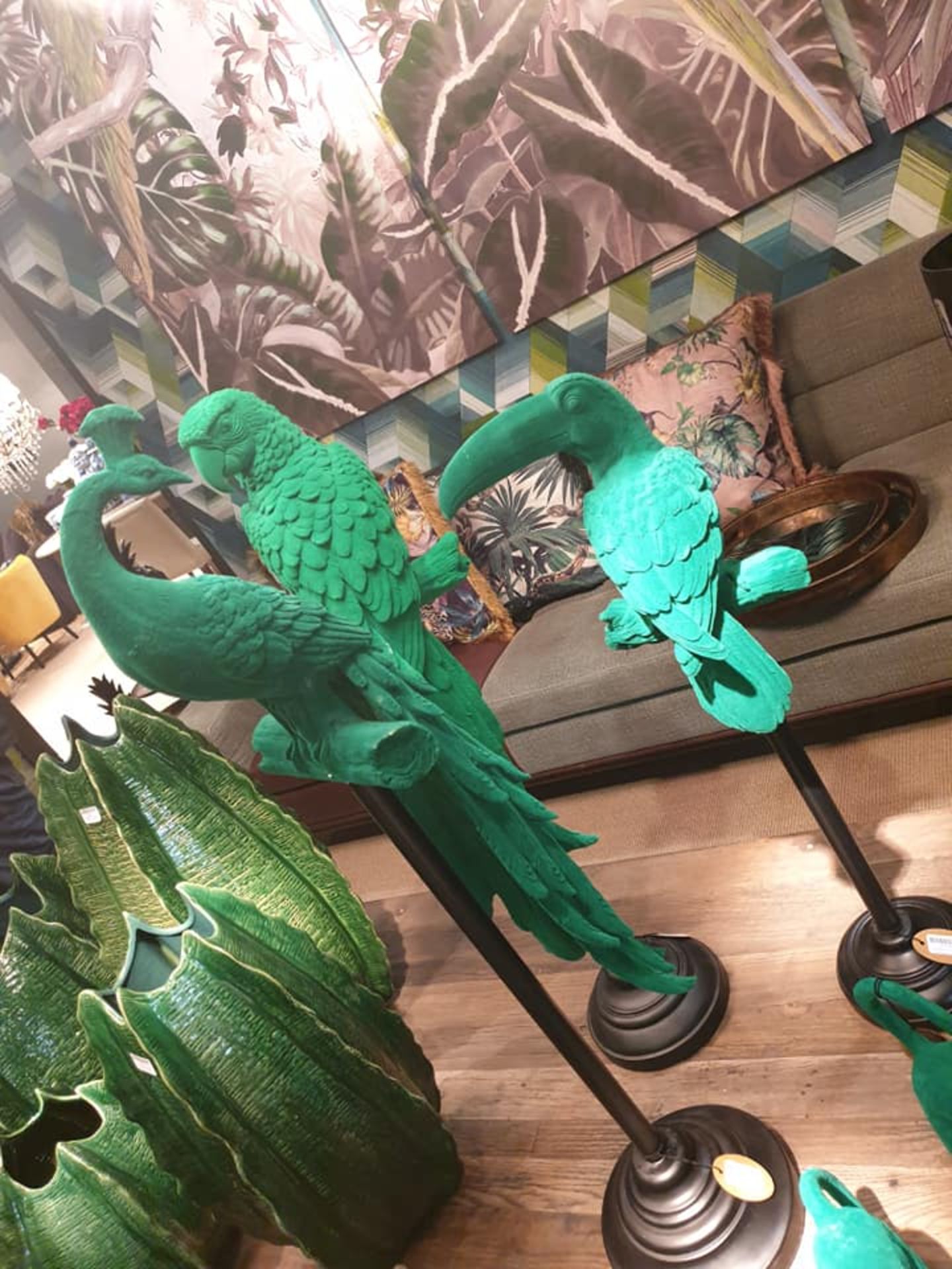 A Set Of Three Green Flocked Exotic Birds A Fun Quirky Decoration That Look Great Set Contains