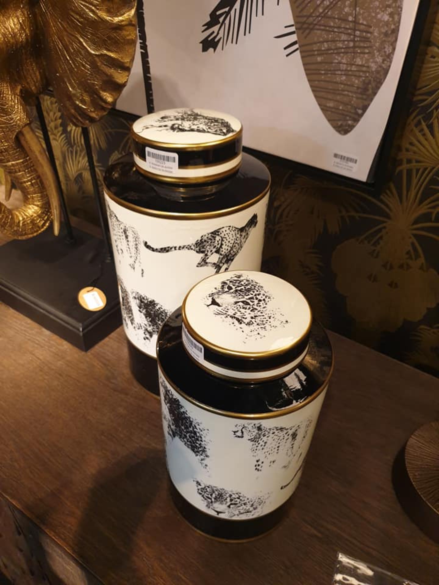 Safari - A Set Of 2 Stunning Porcelain Canisters In Black, White And Gold Rims Handmade Porcelain - Image 2 of 3
