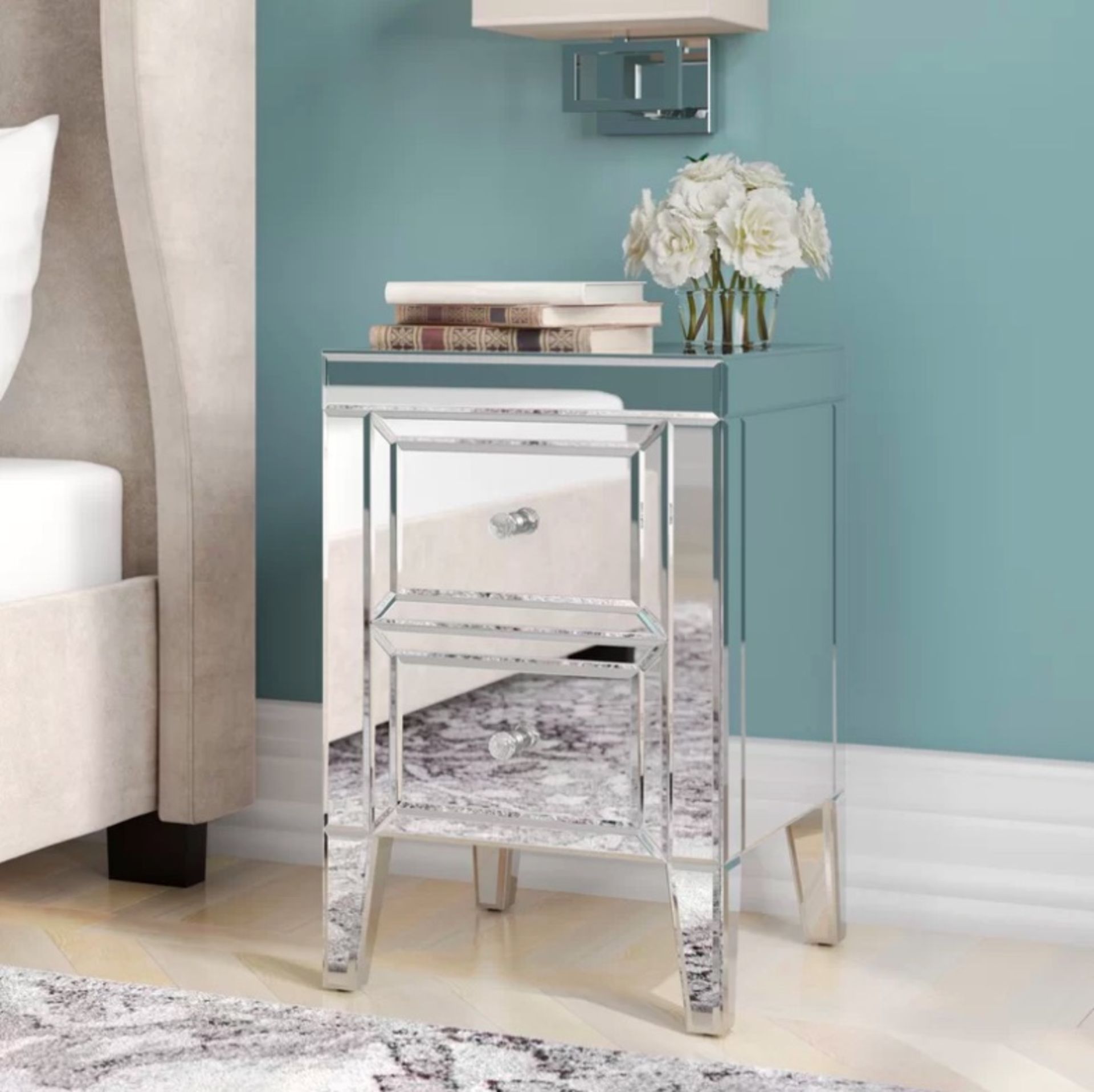 A pair of mirror 2 drawer bedside tables The beautiful and glamorous 2 drawer bedside table has a