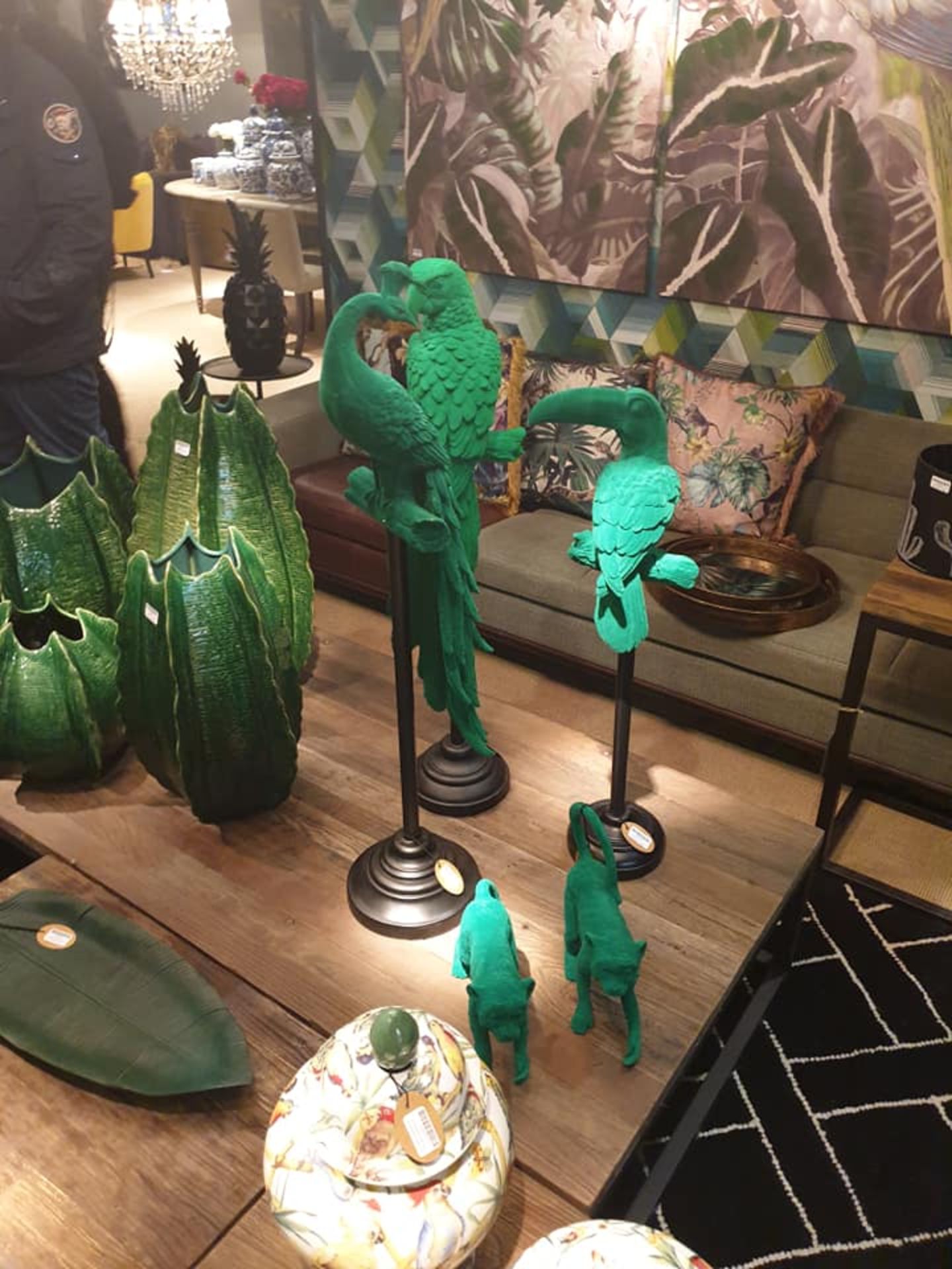 A Set Of Three Green Flocked Exotic Birds A Fun Quirky Decoration That Look Great Set Contains - Image 2 of 2