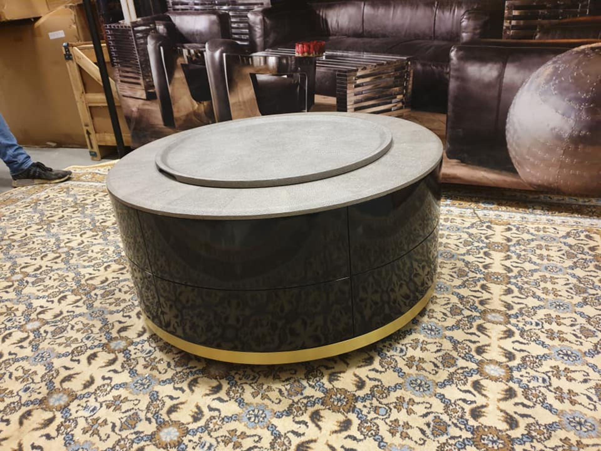 Ashkelly Drum Coffee Table Grey Shagreen Wrapped With Gloss Panel Detailing Brass Banding And - Image 2 of 2