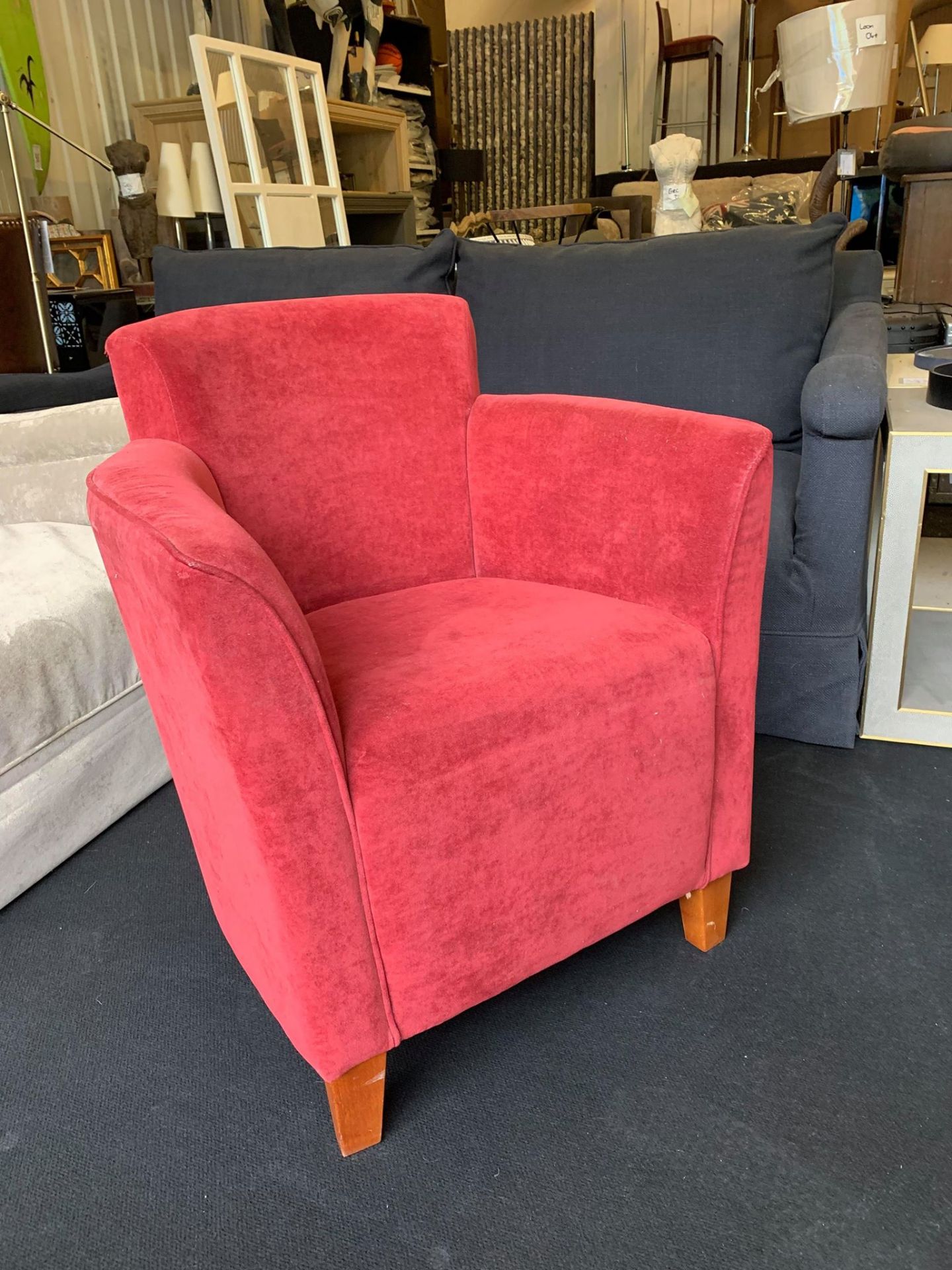 A pair of red upholstered Suede Effect Armchairs 60 x 60 x 75cm