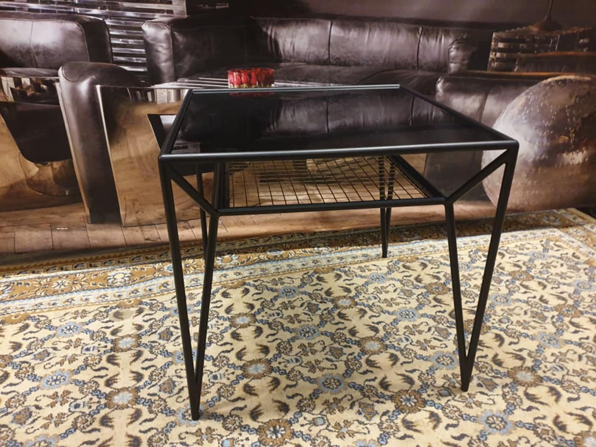 Ashkelly Side Table Black Metal Frame With Black Glass Top Brass Inlay With Low Shelf The Contrast