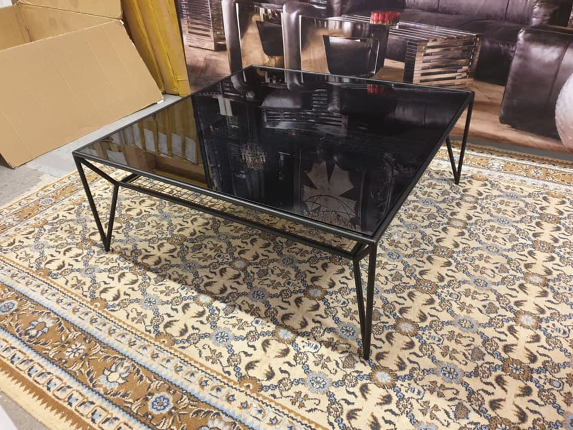 Ashkelly Coffee Table Black Metal Frame With Black Glass Top Brass Inlay With Low Shelf The Contrast