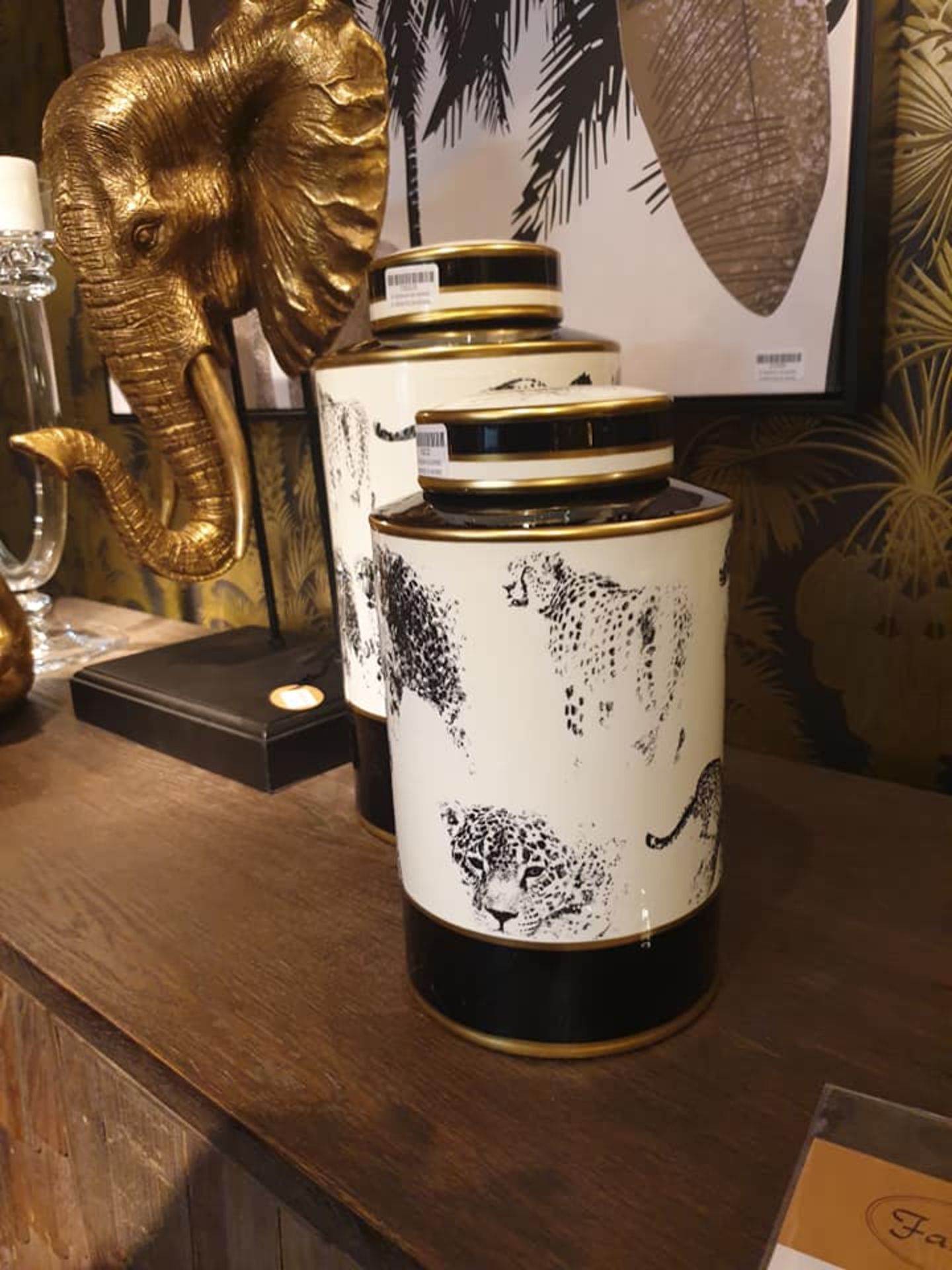 Safari - A Set Of 2 Stunning Porcelain Canisters In Black, White And Gold Rims Handmade Porcelain - Image 3 of 3