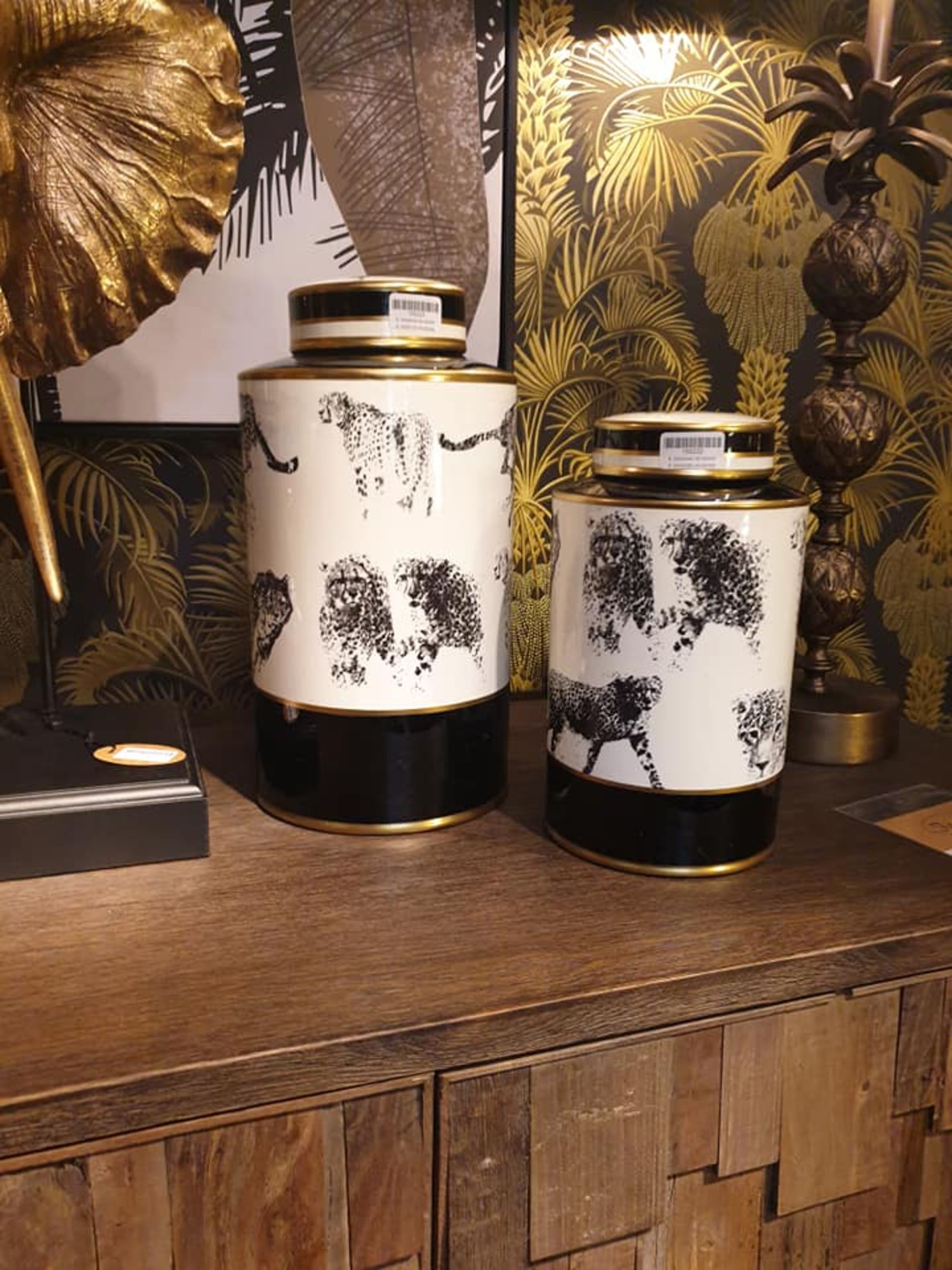 Safari - A Set Of 2 Stunning Porcelain Canisters In Black, White And Gold Rims Handmade Porcelain
