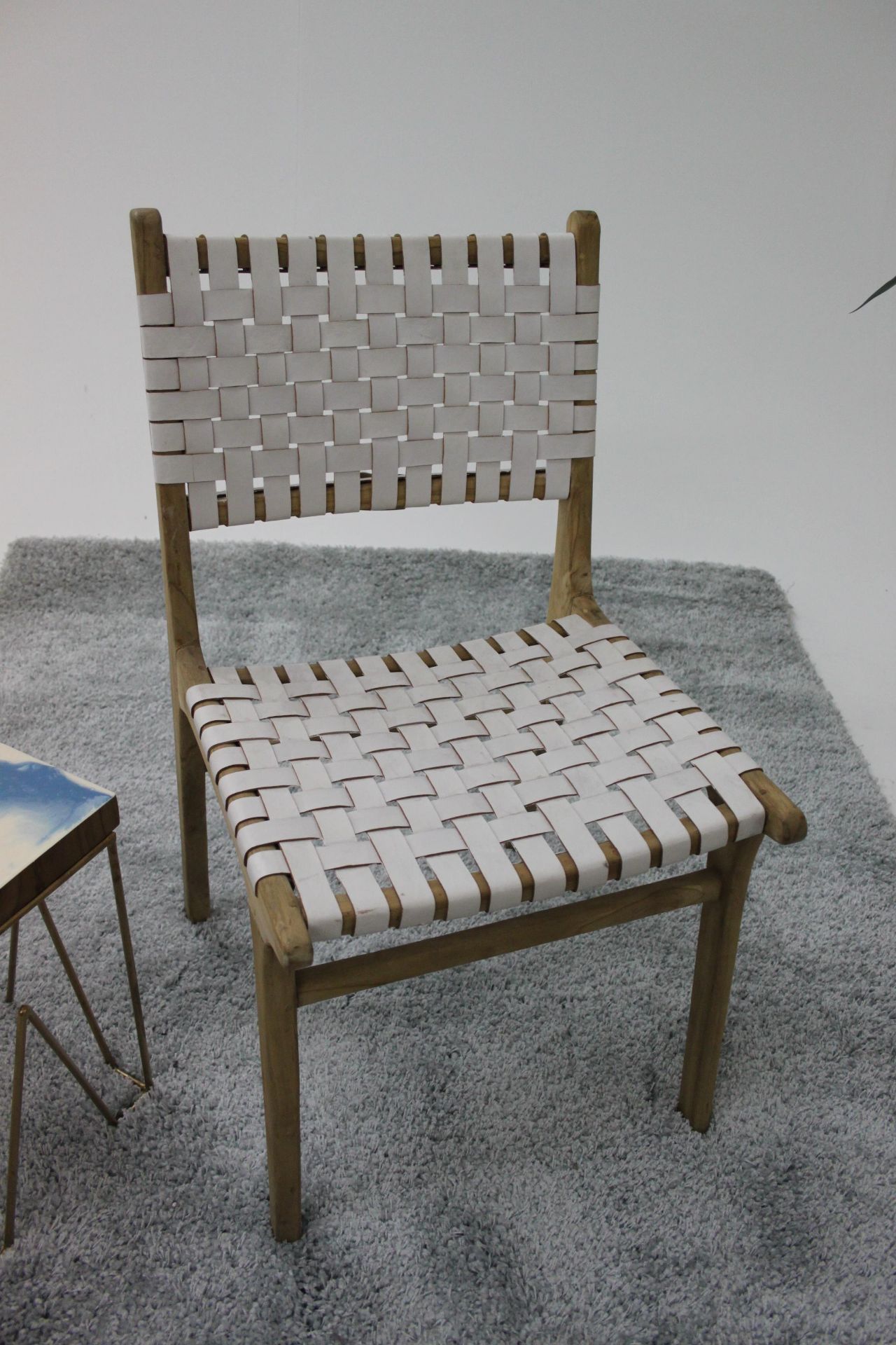 White Woven Leather Dining Chair Solid Acacia Wood Paired With Flat Woven Leather Straps In White