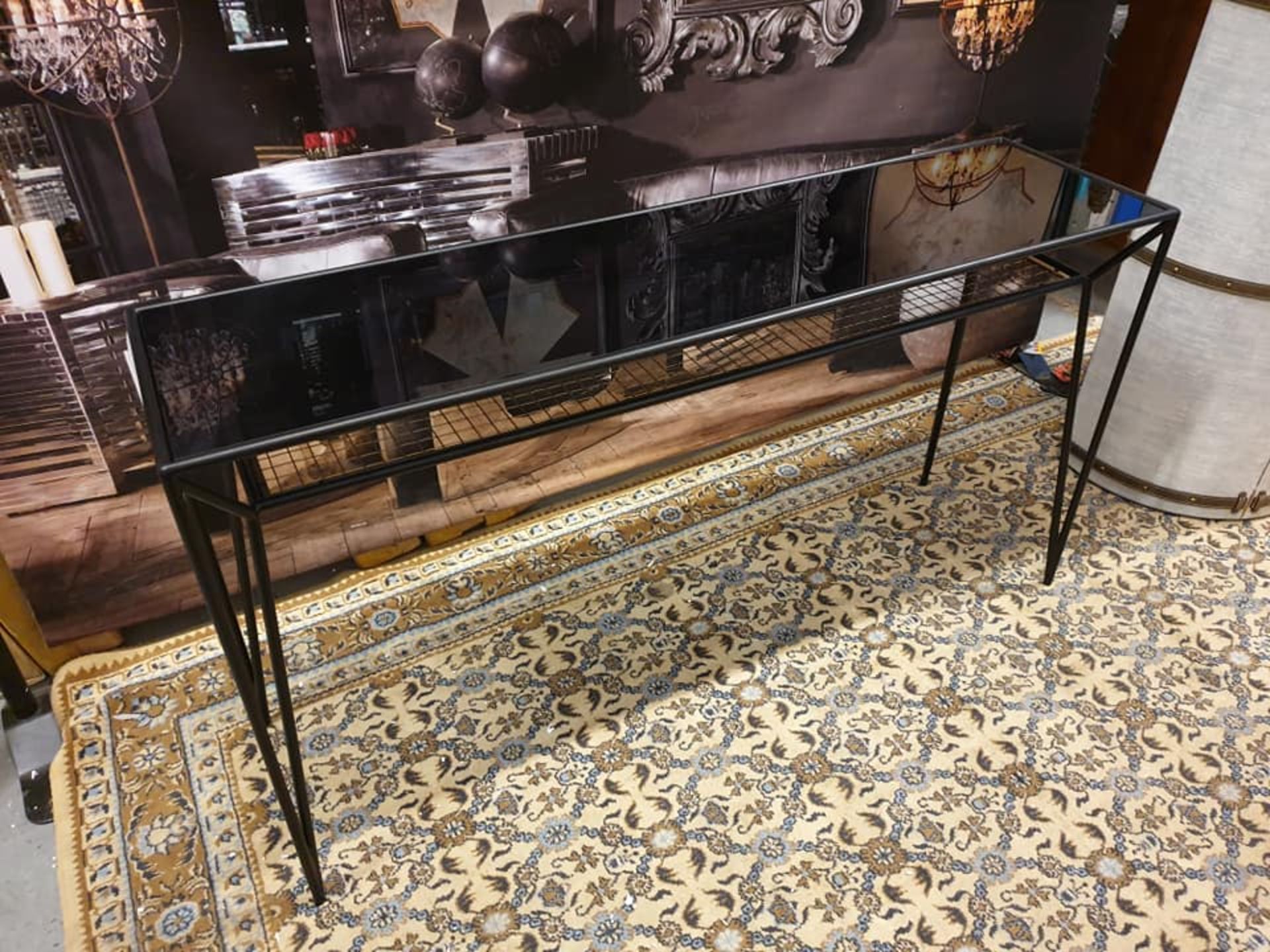 Ashkelly Console Table Black Metal Frame With Black Glass Top Brass Inlay With Low Shelf The - Image 2 of 2