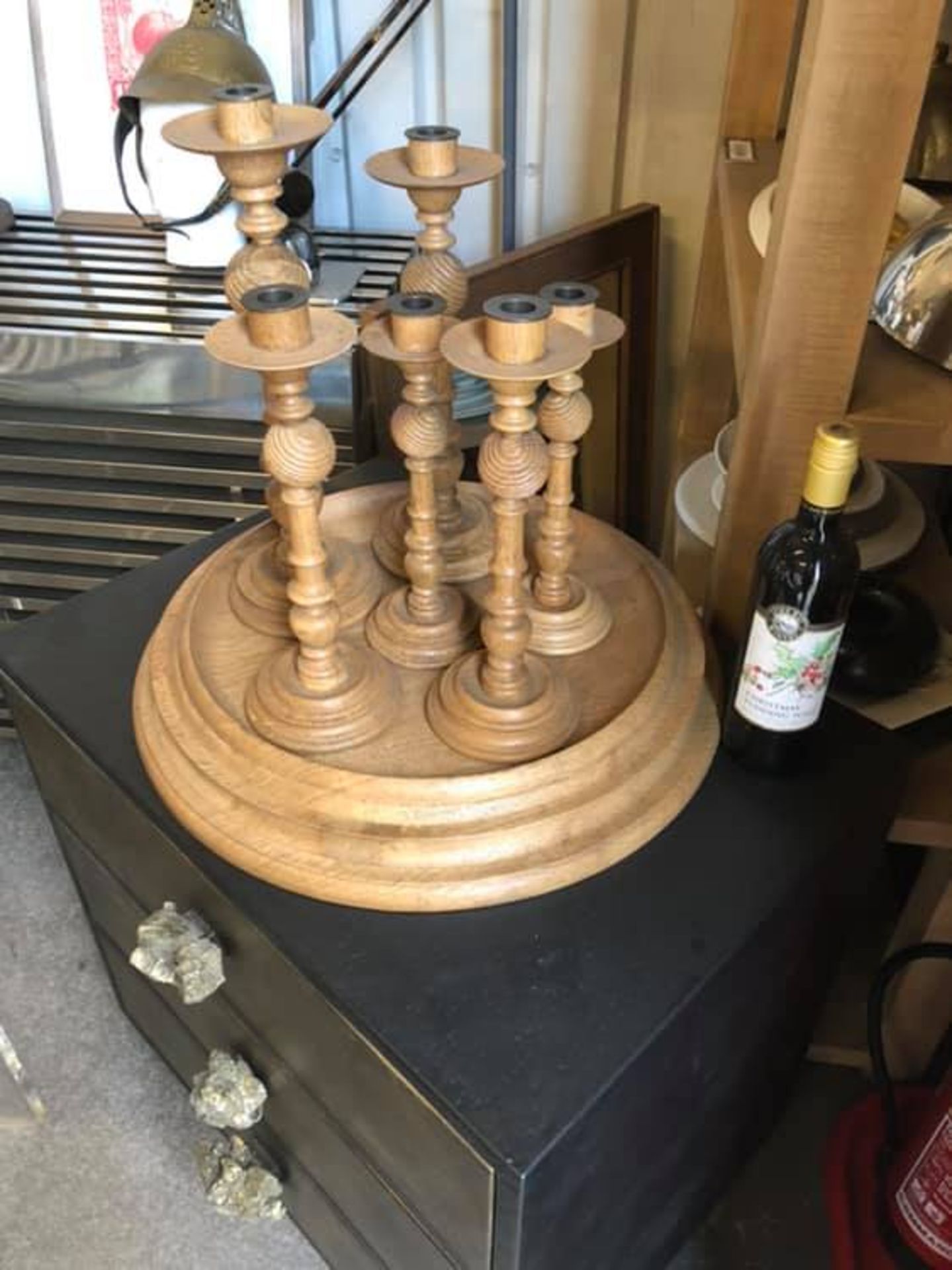 A Set Of 6 x Turned Natural Oak Candle Sticks Variable Height Turned Wood Candle Sticks Suitable