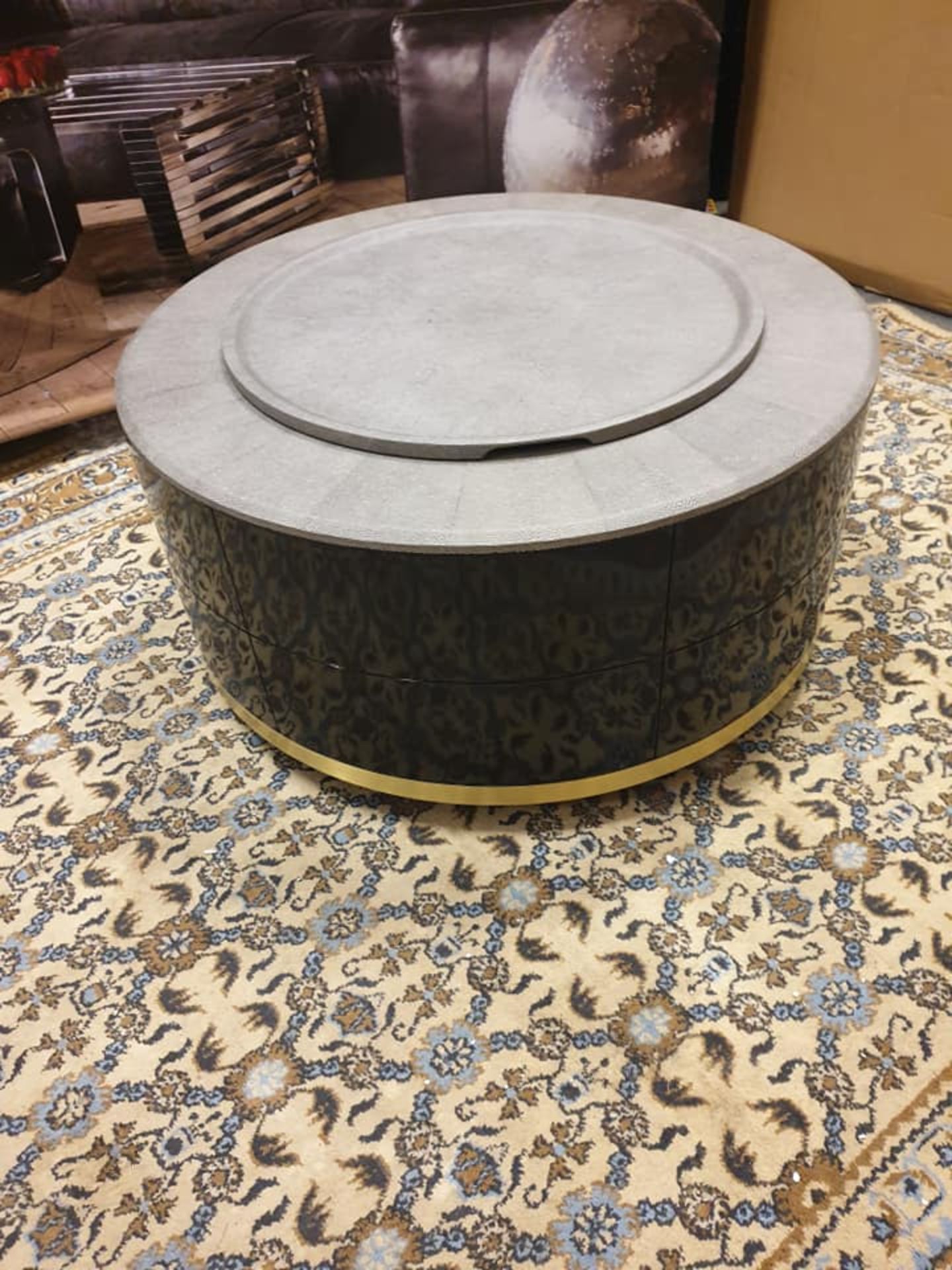 Ashkelly Drum Coffee Table Grey Shagreen Wrapped With Gloss Panel Detailing Brass Banding And