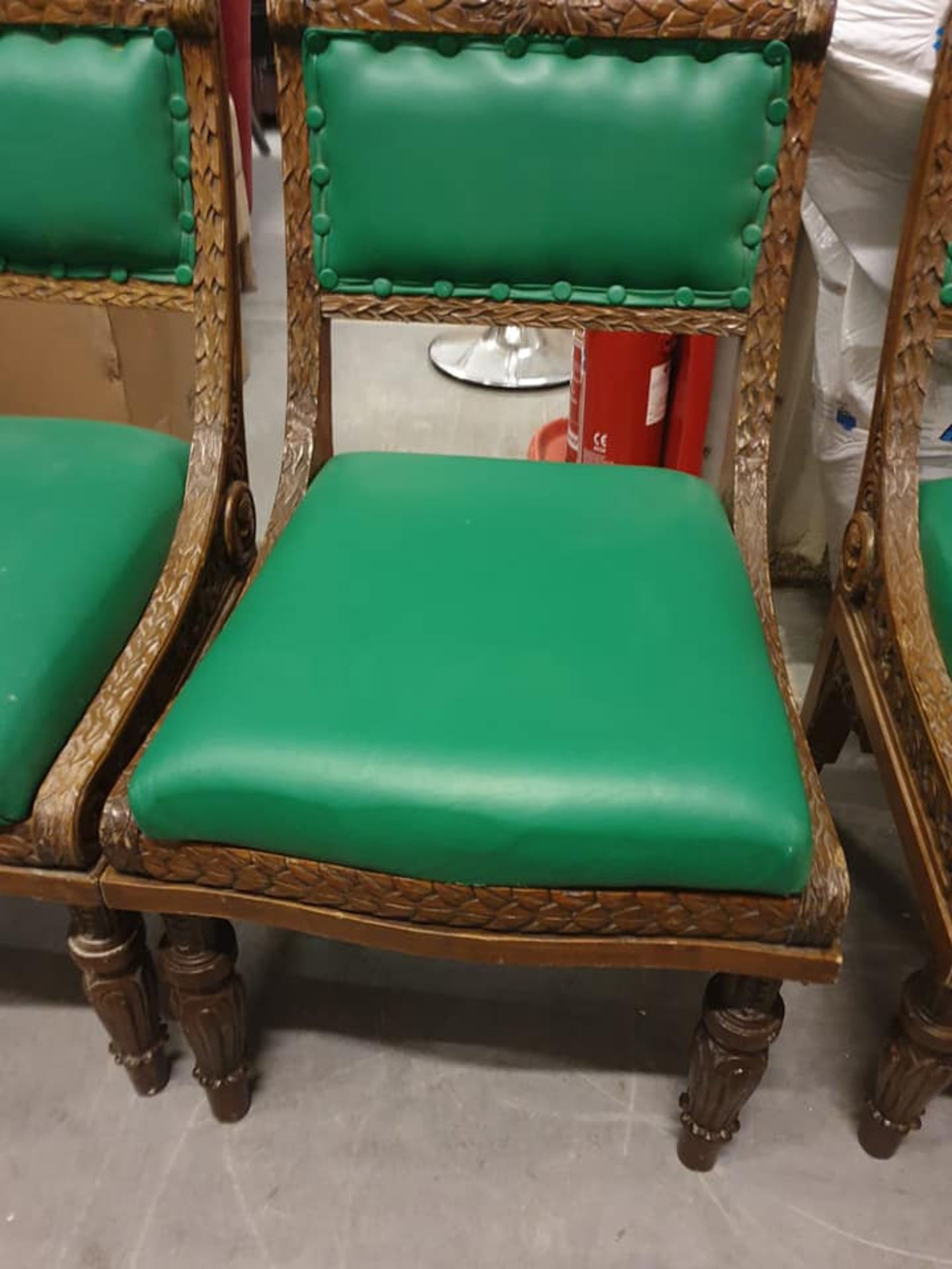 A Set Of 6 X Carved Oak Side Chairs With Green Leather Pad And Back RestÃ‚Â Intricately Carved Side - Image 3 of 4