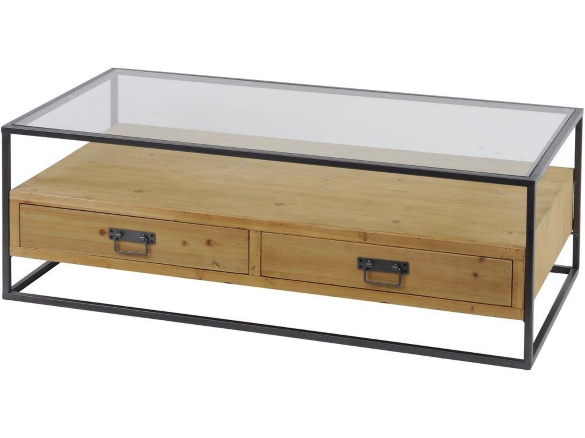 Kempsey Glass Top Wood Coffee Table With its simple, strong style, this industrial-inspired coffee
