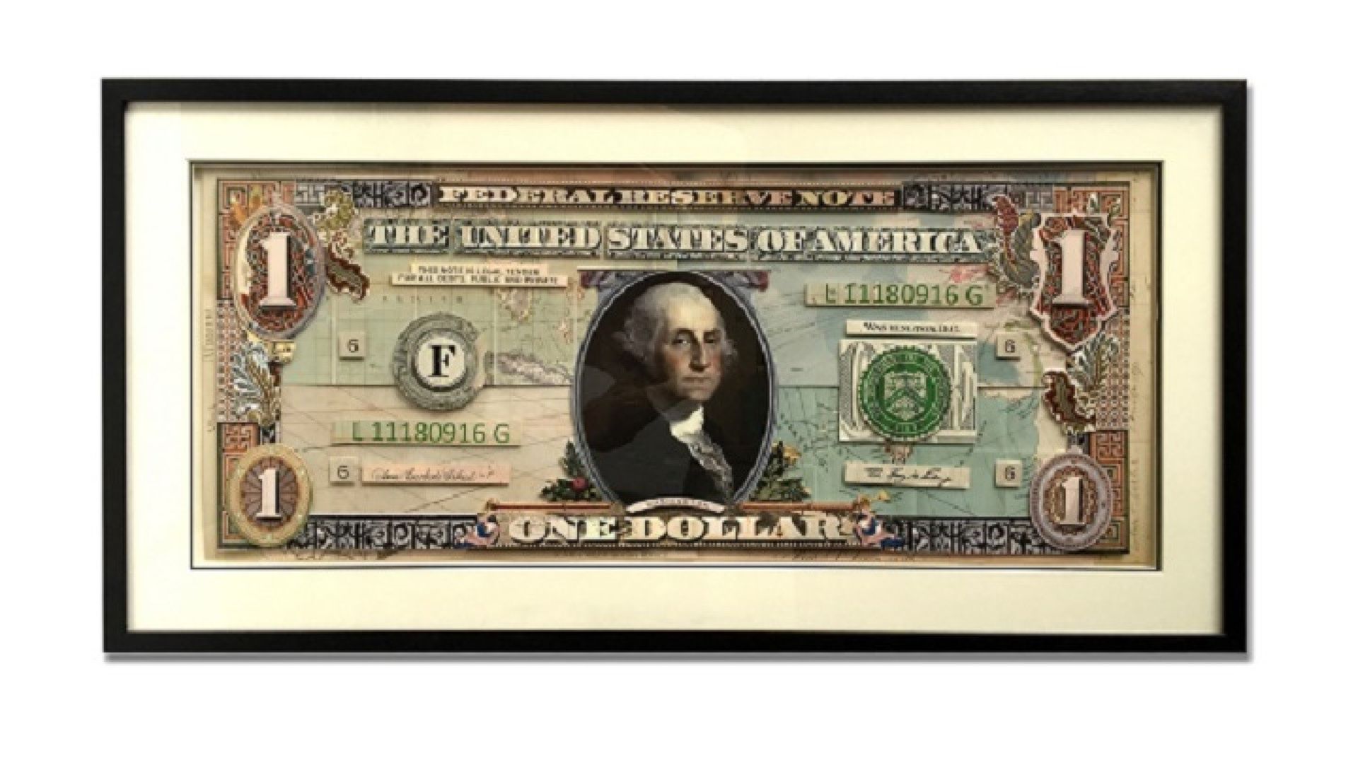Framed Print US One Dollar Bill mounted in wood frame with protective panel 100 x 50cm