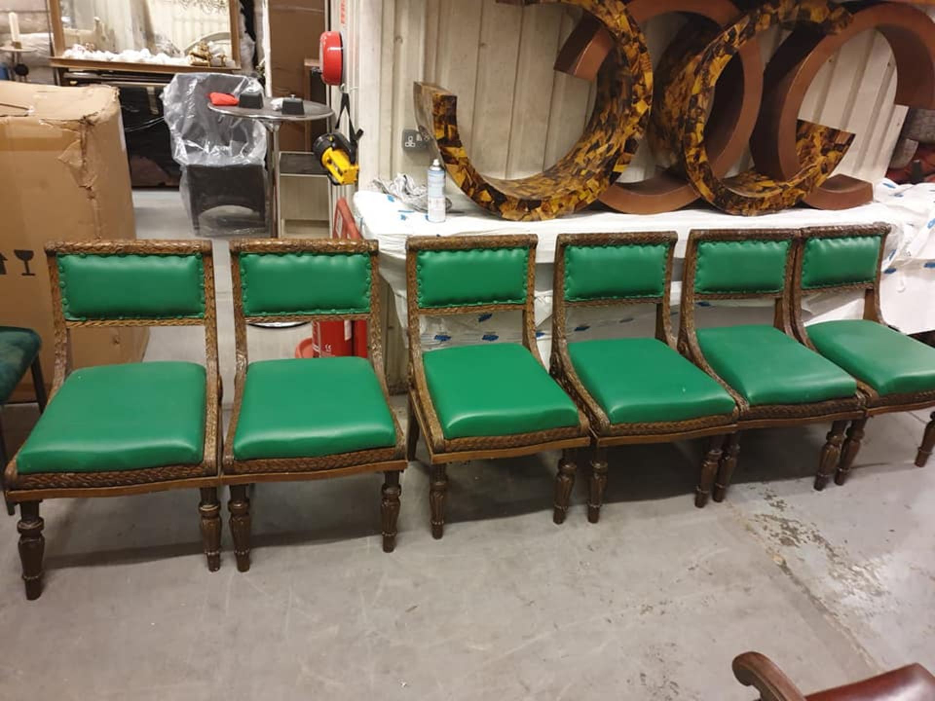 A Set Of 6 X Carved Oak Side Chairs With Green Leather Pad And Back RestÃ‚Â Intricately Carved Side