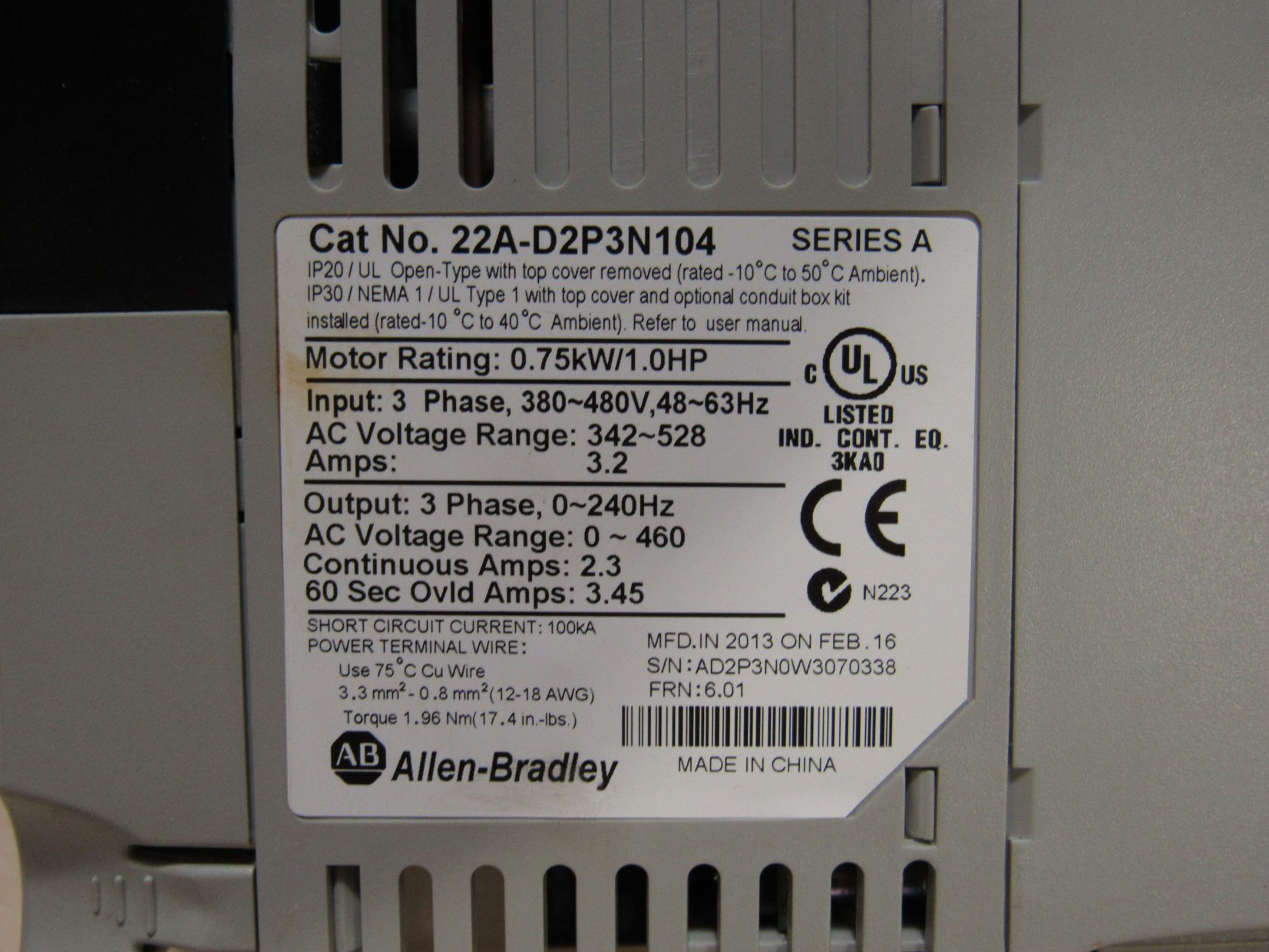 ALLEN BRADLEY POWERFLEX 3.0HP 22A-D2P3N104 SERIES A - Image 2 of 2