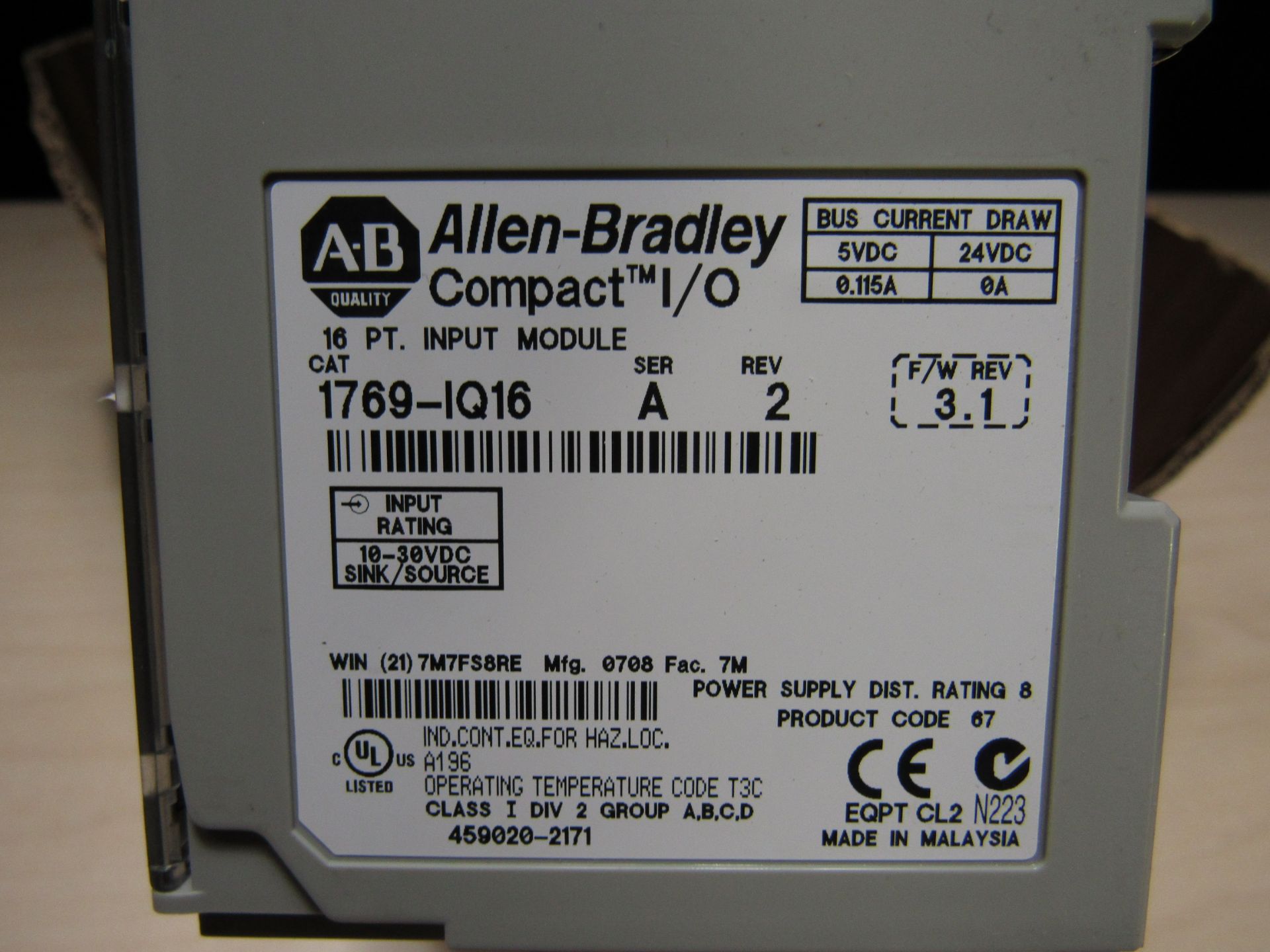 LOT OF 8 ALLEN BRADLEY COMPACT I/O 16PT INPUT MODULES 1769-IQ16 SER A - Image 3 of 3