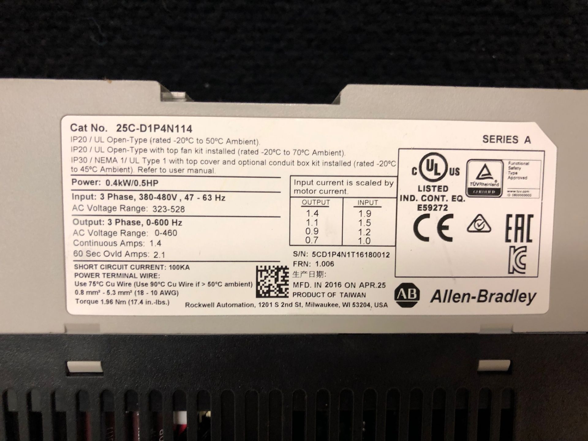 ALLEN BRADLEY POWERFELX 527 25C-D1P4N114 0.5HP VFD - Image 2 of 2