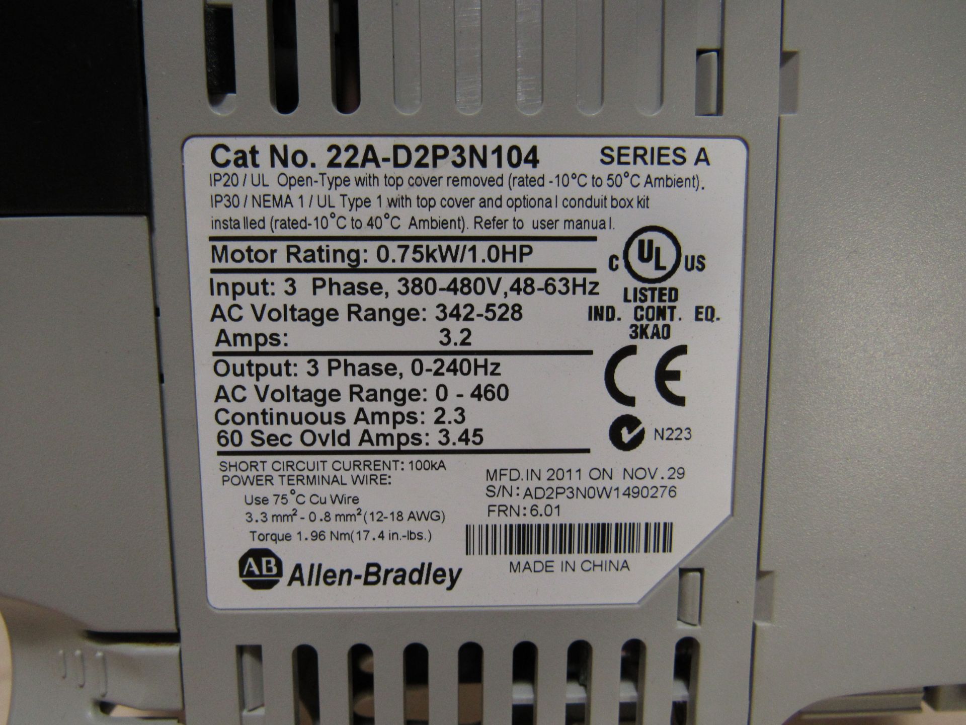 ALLEN BRADLEY POWERFLEX 1.0HP 22A-D2P3N104 SERIES A - Image 2 of 2