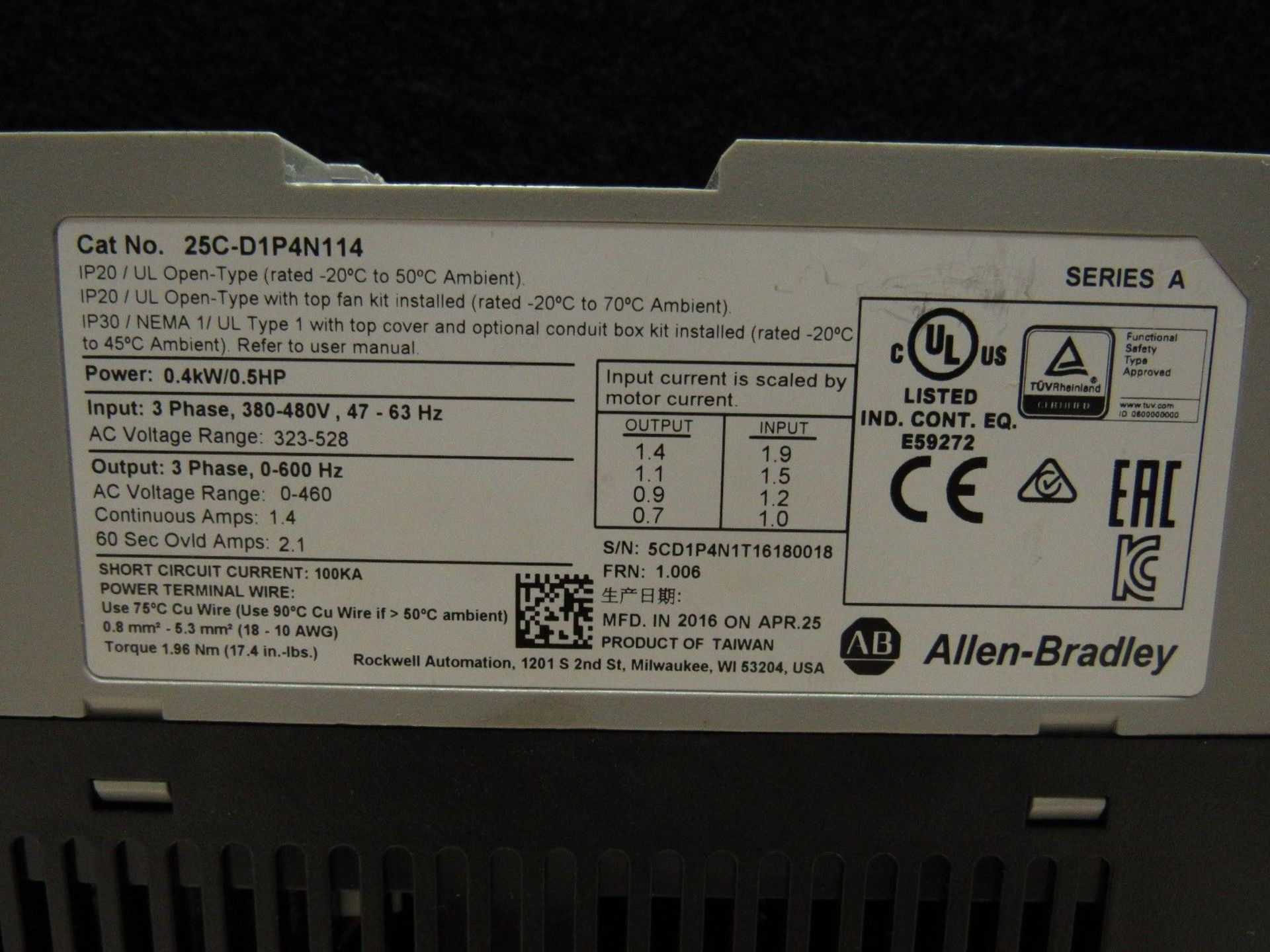 ALLEN-BRADLEY POWERFLEX 527 0.5HP 25C-D1P4N114 SER A - Image 3 of 3