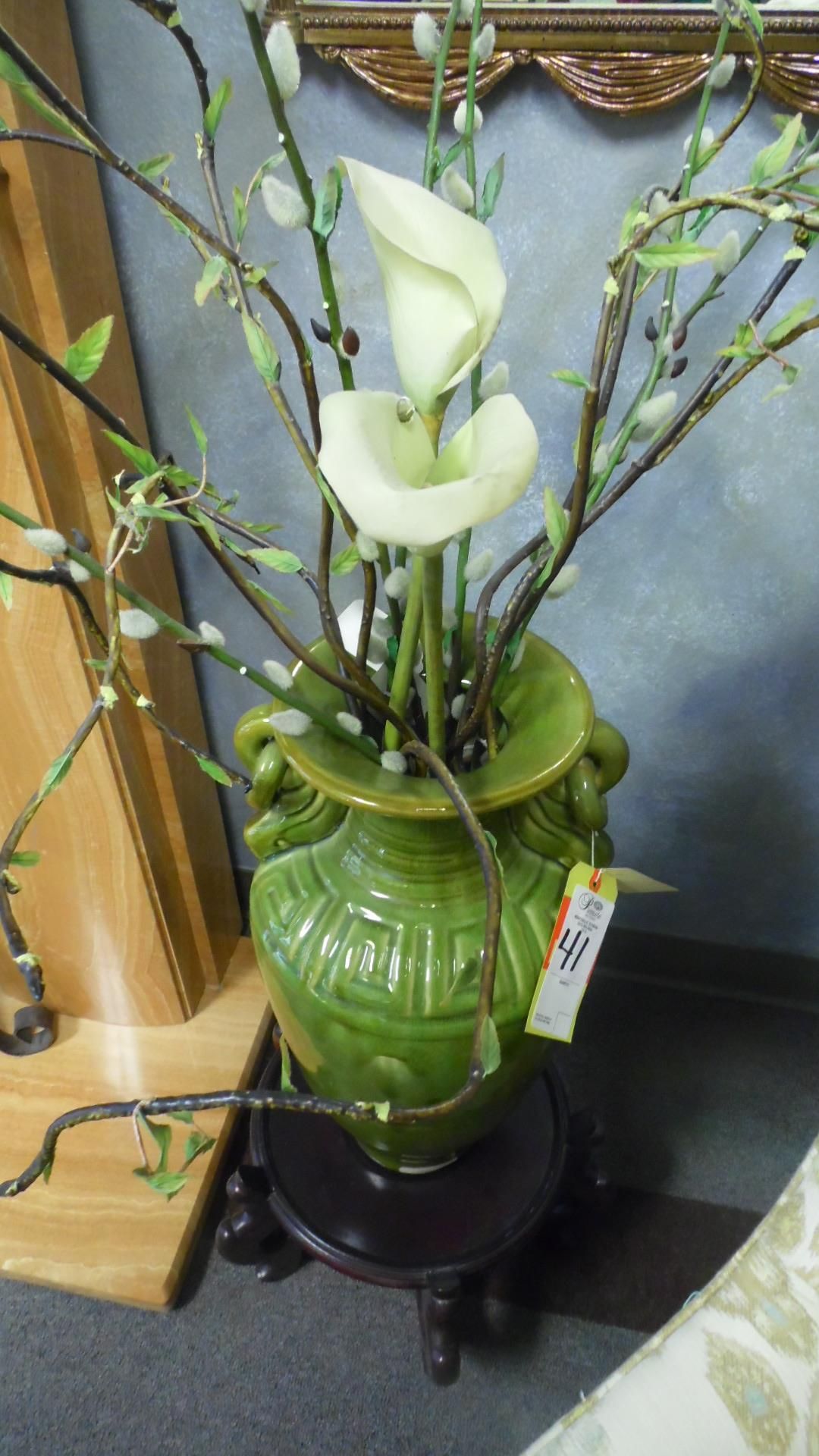 GREEN FLORAL VASE w/ BASE