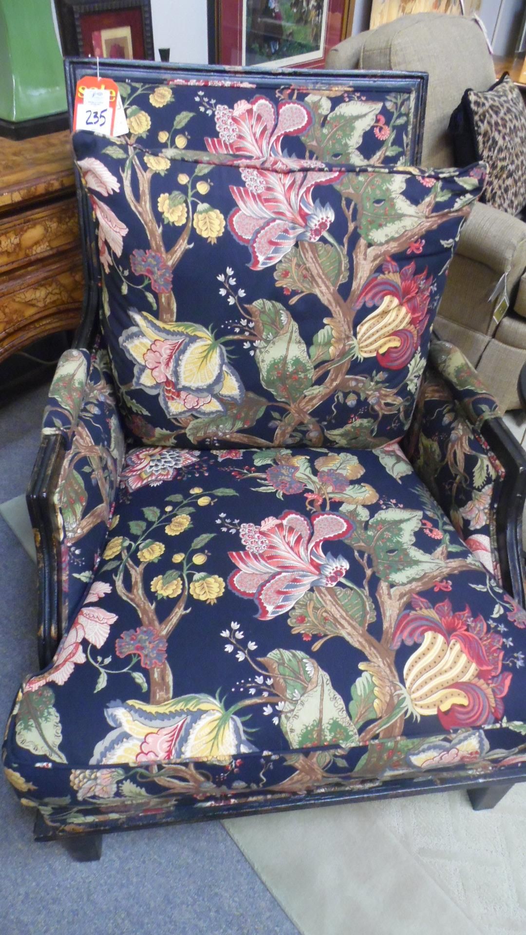 BLACK FLORAL UPHOLSTERED ARM CHAIR