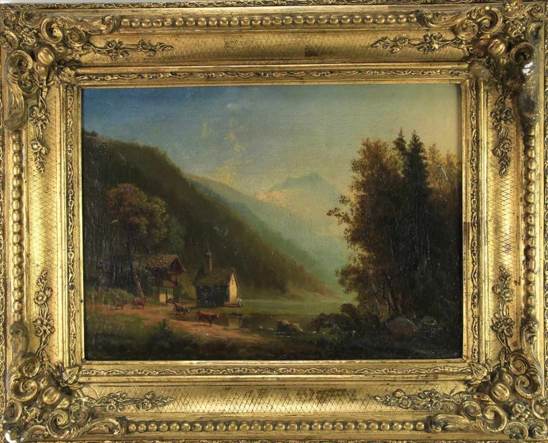 UnsigniertSchweiz, 19. Jahrhundert. Ideallandschaft. Öl auf Leinwand. Größe ca. 31 x 42 cm, Rahmen - Bild 2 aus 3