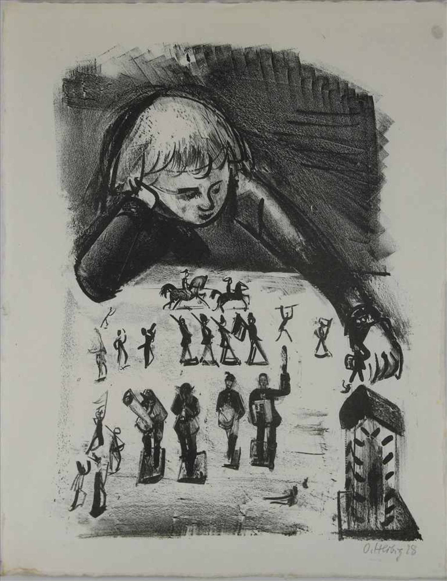 Herbig, Otto1889 Dorndorf - 1971 Weilheim. Spielendes Kind. Lithografie auf Papier. Unten rechts