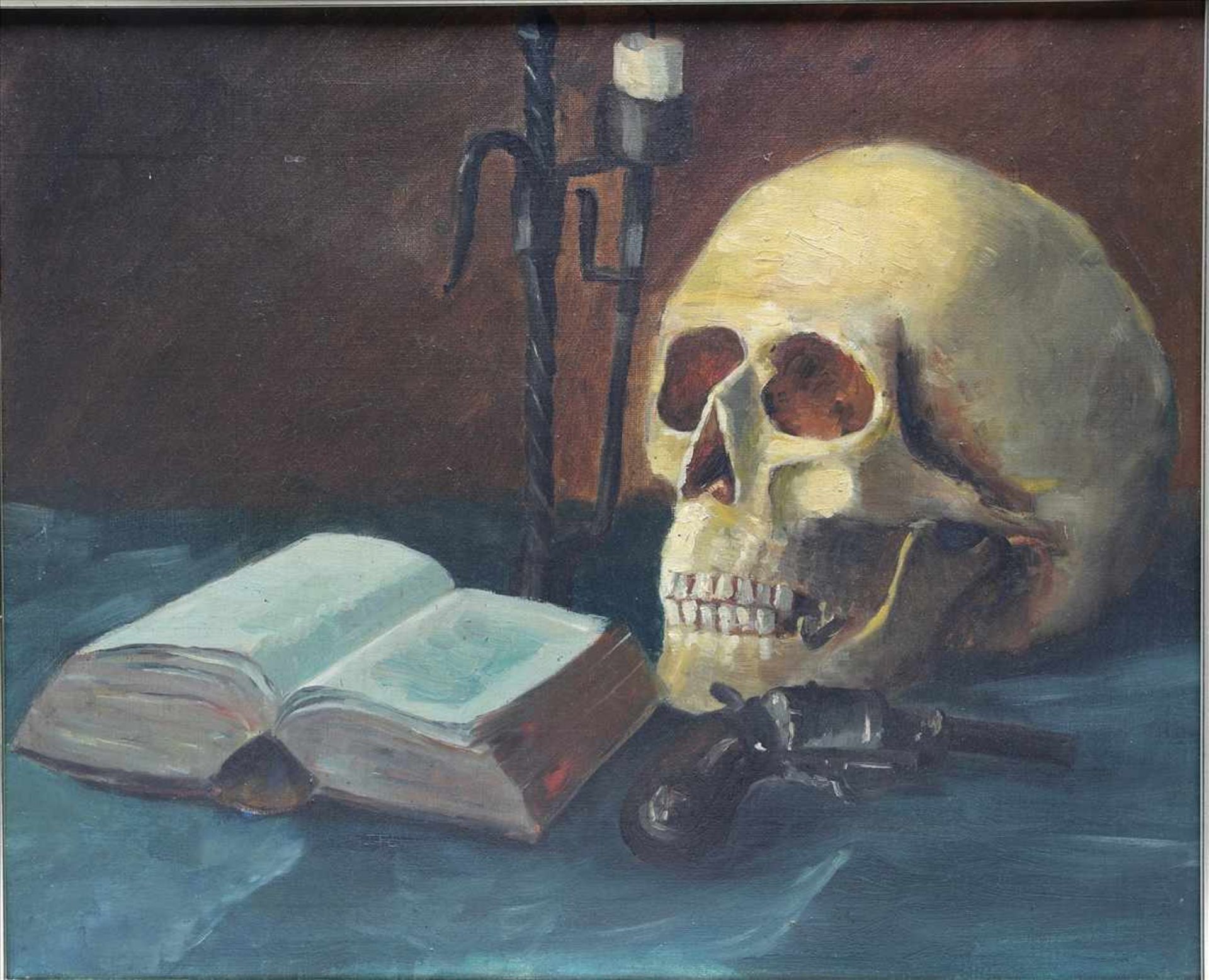 Unbekannter KünstlerMemento Mori. Öl auf Leinwand. Größe ca. 37 x 46 cm, Rahmen ca. 49 x 57,5 cm.