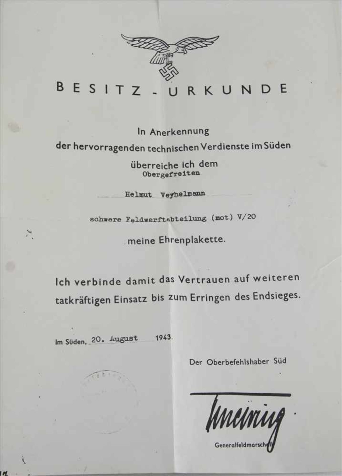 Ehrenplakettedes Oberbefehlshabers Süd. III. Reich. Luftwaffe für besondere technische Verdienste, - Bild 3 aus 3