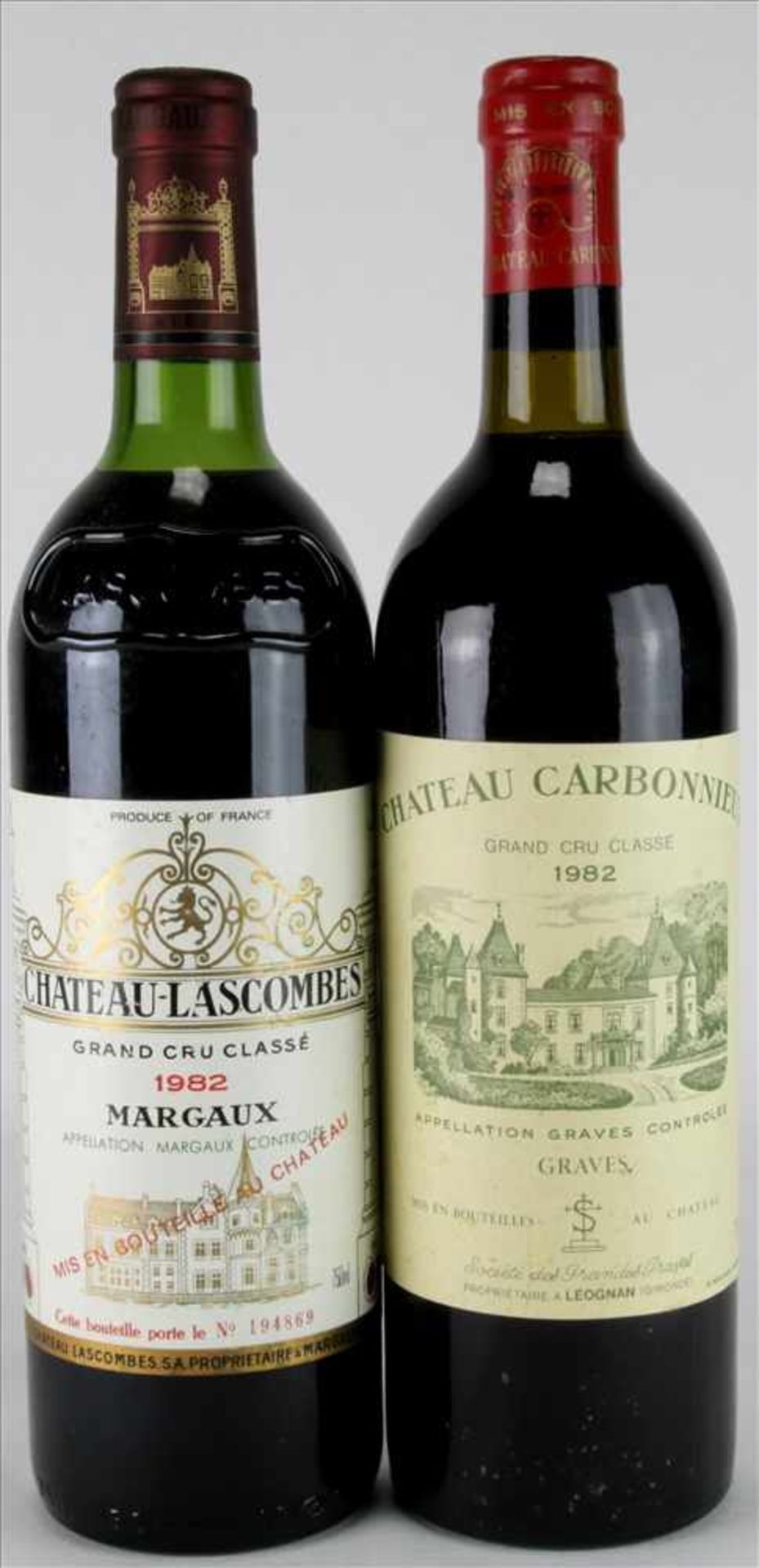 2 Flaschen Bordeaux1 x Chateau Lascombes 1982 und 1 x Chateauc Carbonnieux 1982. 0,75 Liter
