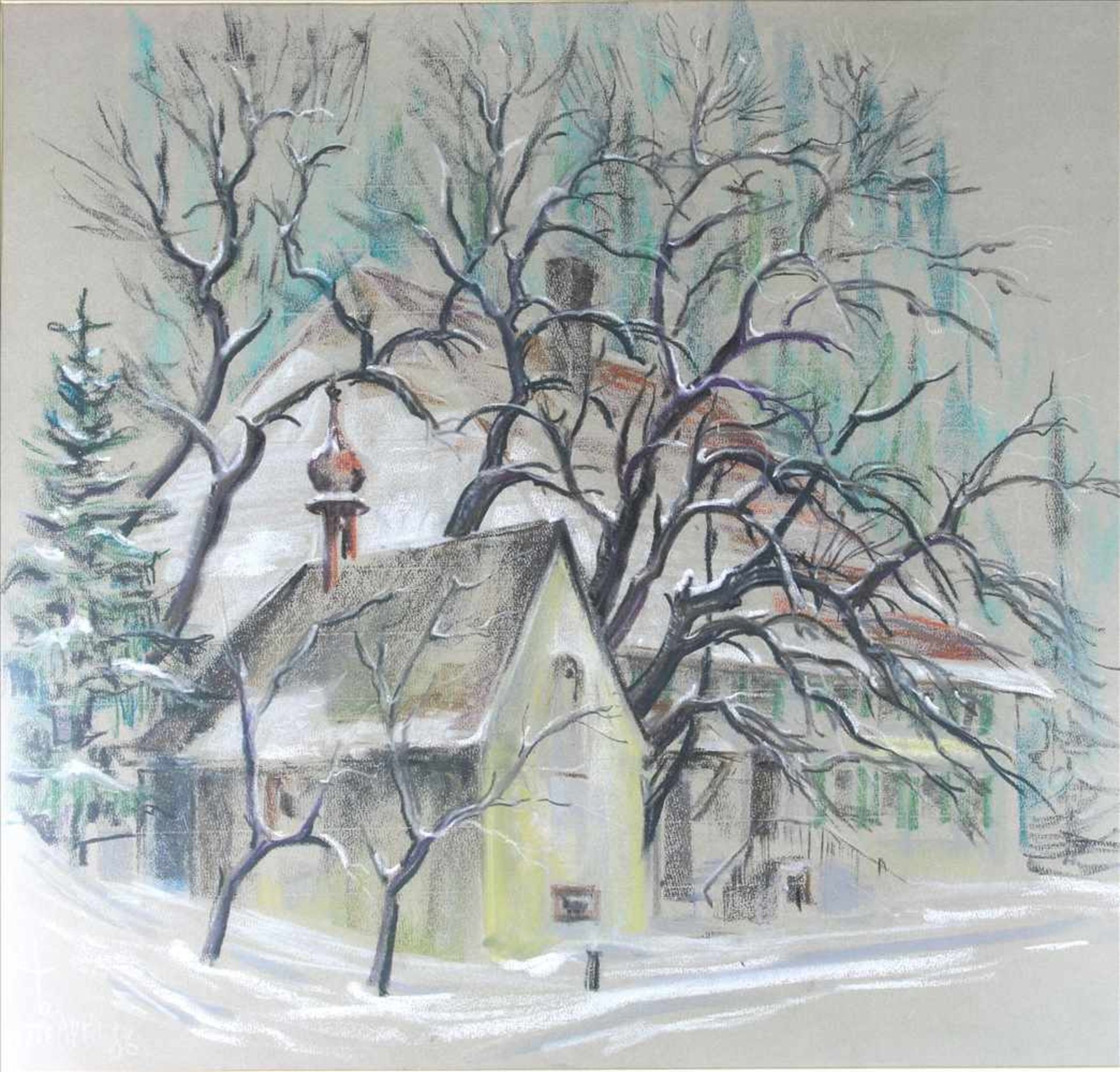 Schaufelberger, Karl*1920 St. Gallen. Kleine Kapelle vor großem Gutshaus im Schnee. Mischtechnik auf