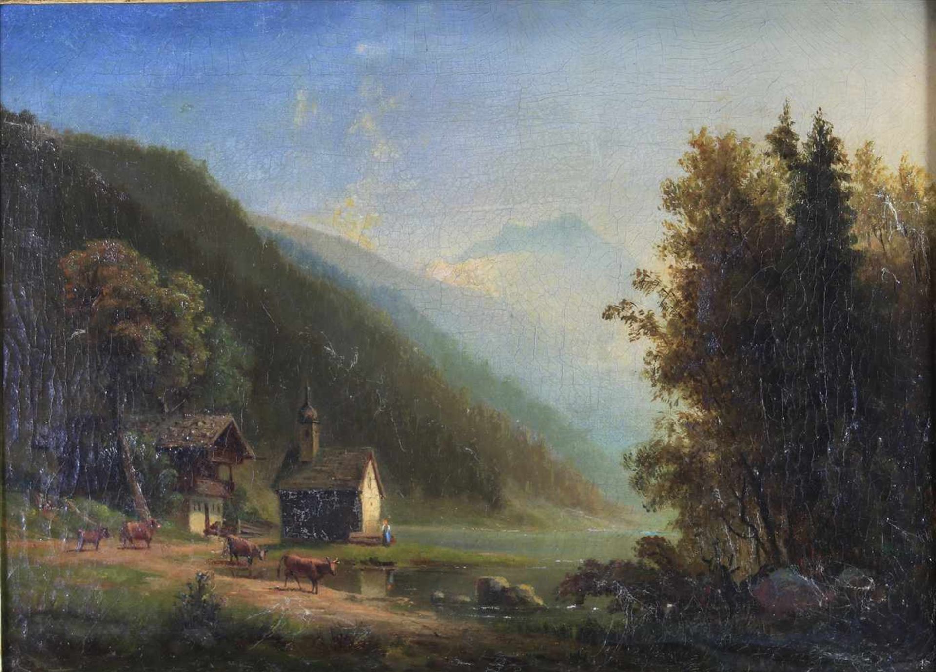UnsigniertSchweiz, 19. Jahrhundert. Ideallandschaft. Öl auf Leinwand. Größe ca. 31 x 42 cm, Rahmen