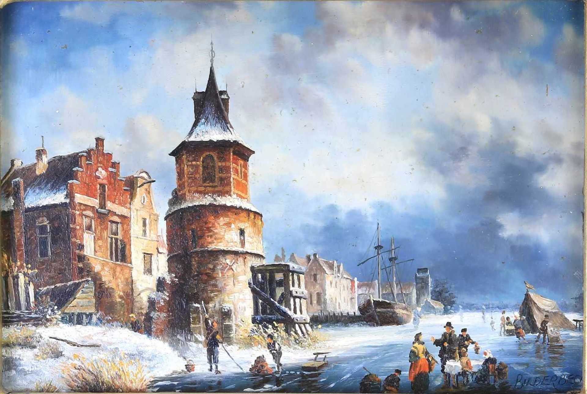 WintervergnügenWohl norddeutsch, um 1900. Winterszene auf zugefrorenem Fluss. Öl auf Leinwand. Unten