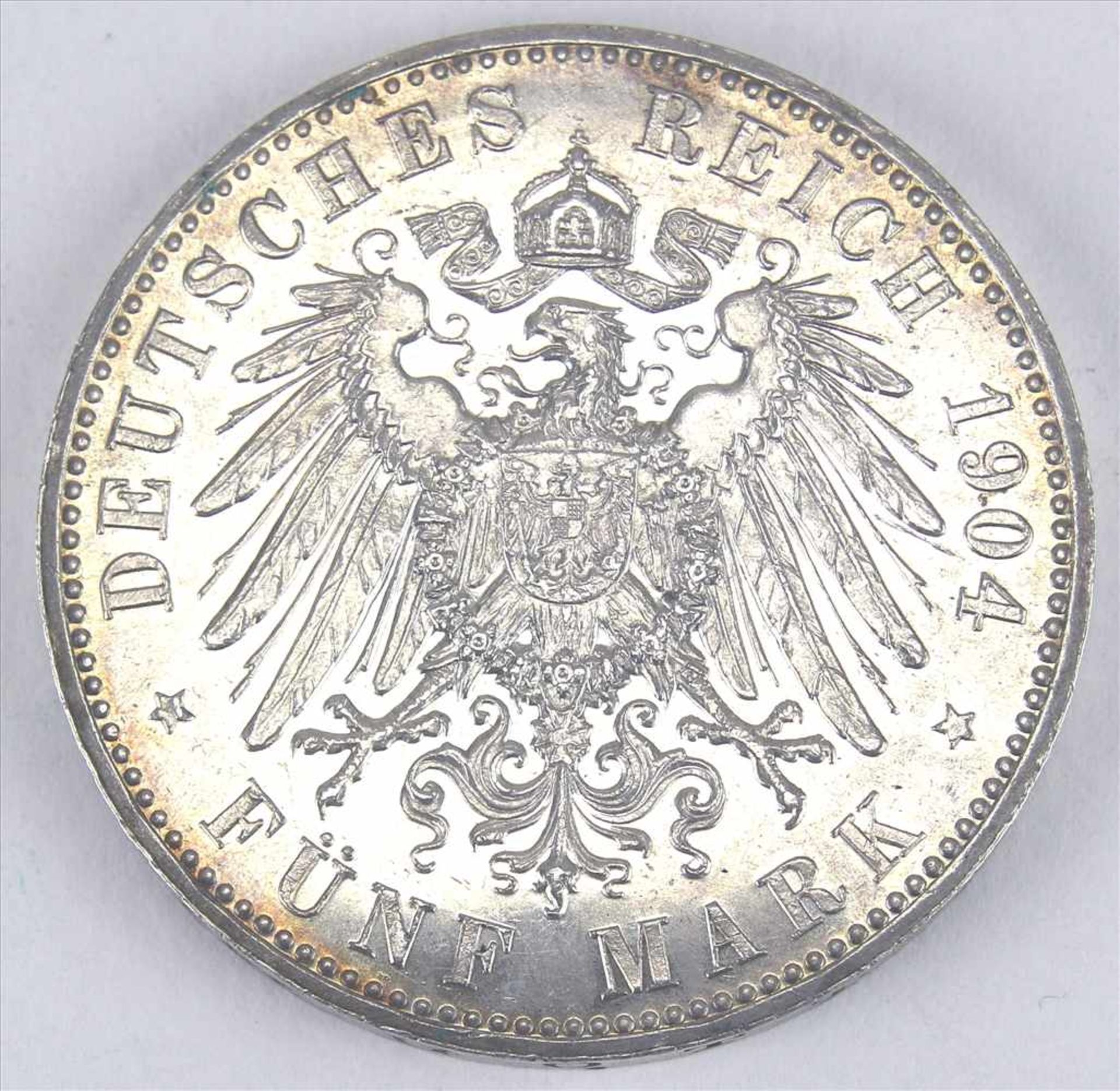 5 Mark MünzeErnst-Ludwig Großherzog von Hessen 1904. Durchmesser ca. 4 cm, Gewicht ca. 27,77 g. - Bild 2 aus 3