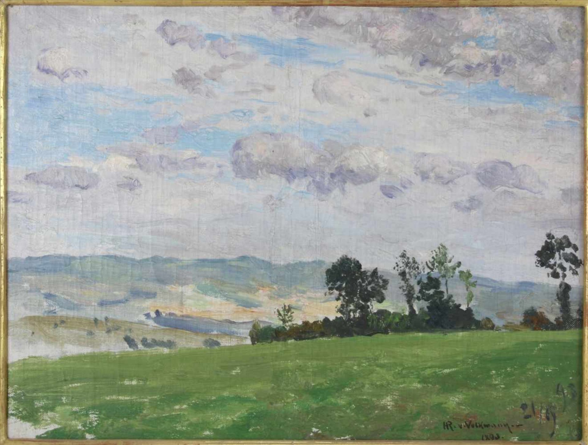 Volkmann, Hans Richard von1860 Halle -1927 ebd. Landschaft mit Ausblick. Öl auf Leinwand. Unten
