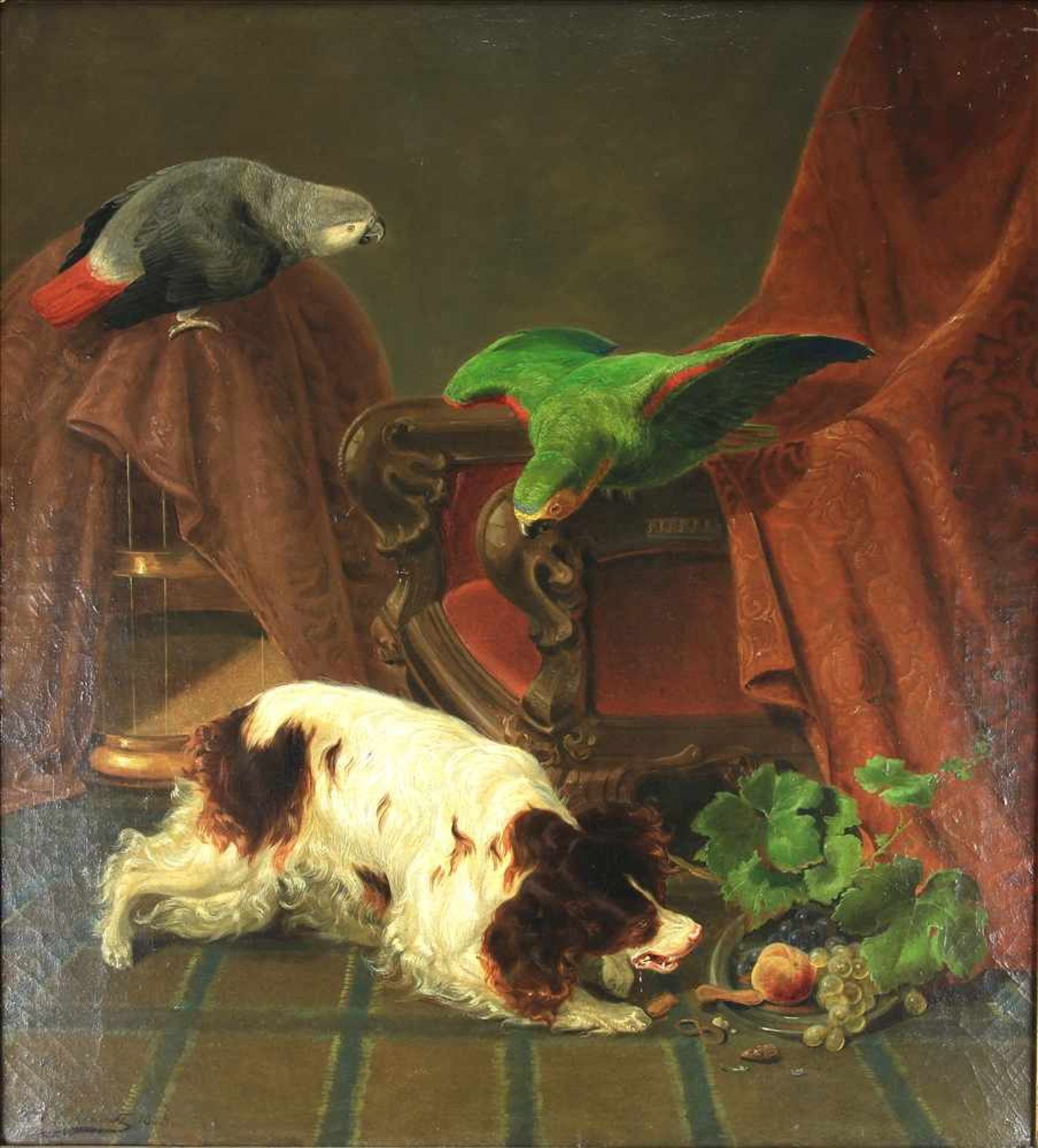 Lachenwitz, F. Sigmund1820 Neuss - 1868 Düsseldorf. Ein Hund und zwei Papageien. Öl auf Leinwand.