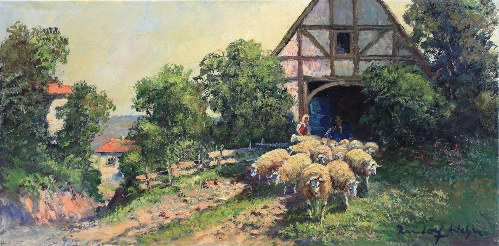 Wehn, RandolfMünchen 1911 - 1987 ebd. Schafsherde mit Hirten beim morgendlichen Ausgang. Öl auf