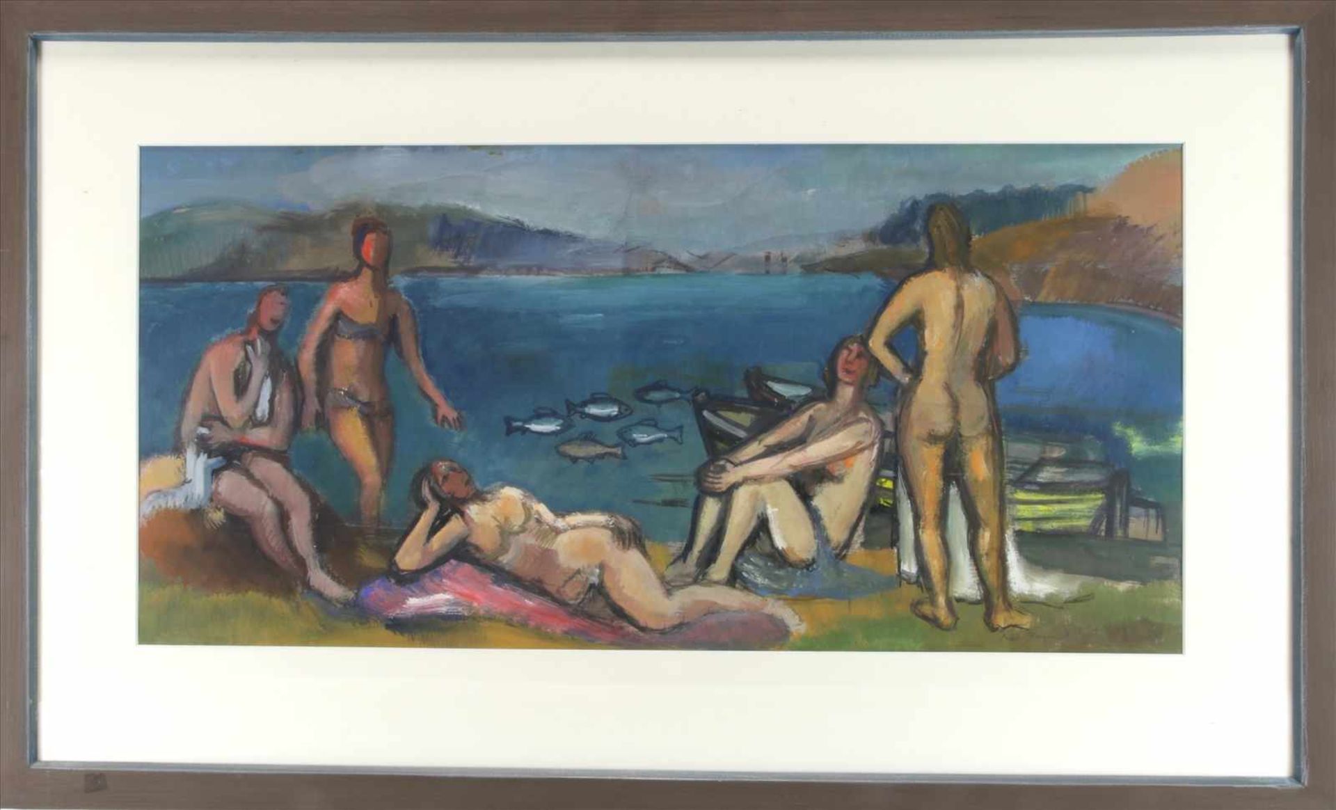 Unleserlich signiert1911. Expressionistische Szene am Strand. Mischtechnik auf Papier. Unten - Image 2 of 4