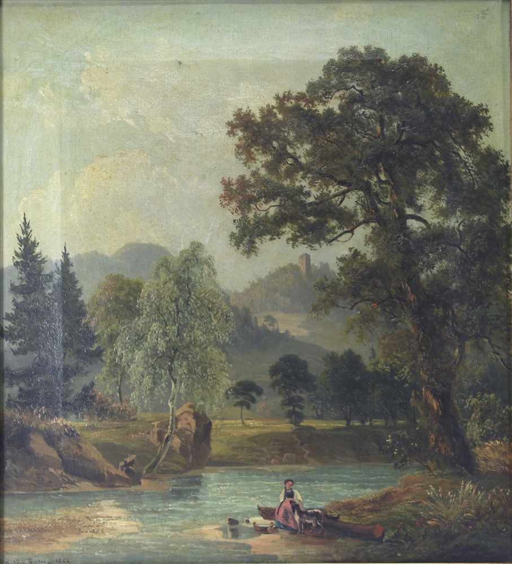 Rieter, Julius1830 Winterthur - 1897 Zürich. Schweizer Landschaft mit Wäscherin am Fluß und