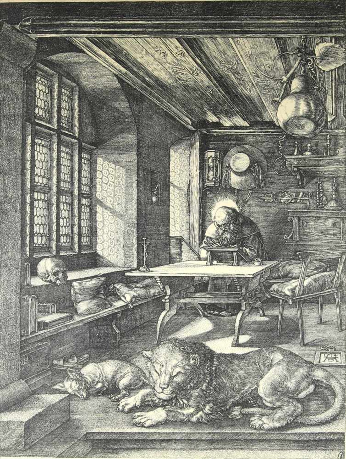 Dürer, AlbrechtGraphik nach dem Kupferstich Hyronimus in der Zelle. Größe ca. 23,5 x 18 cm. Hinter