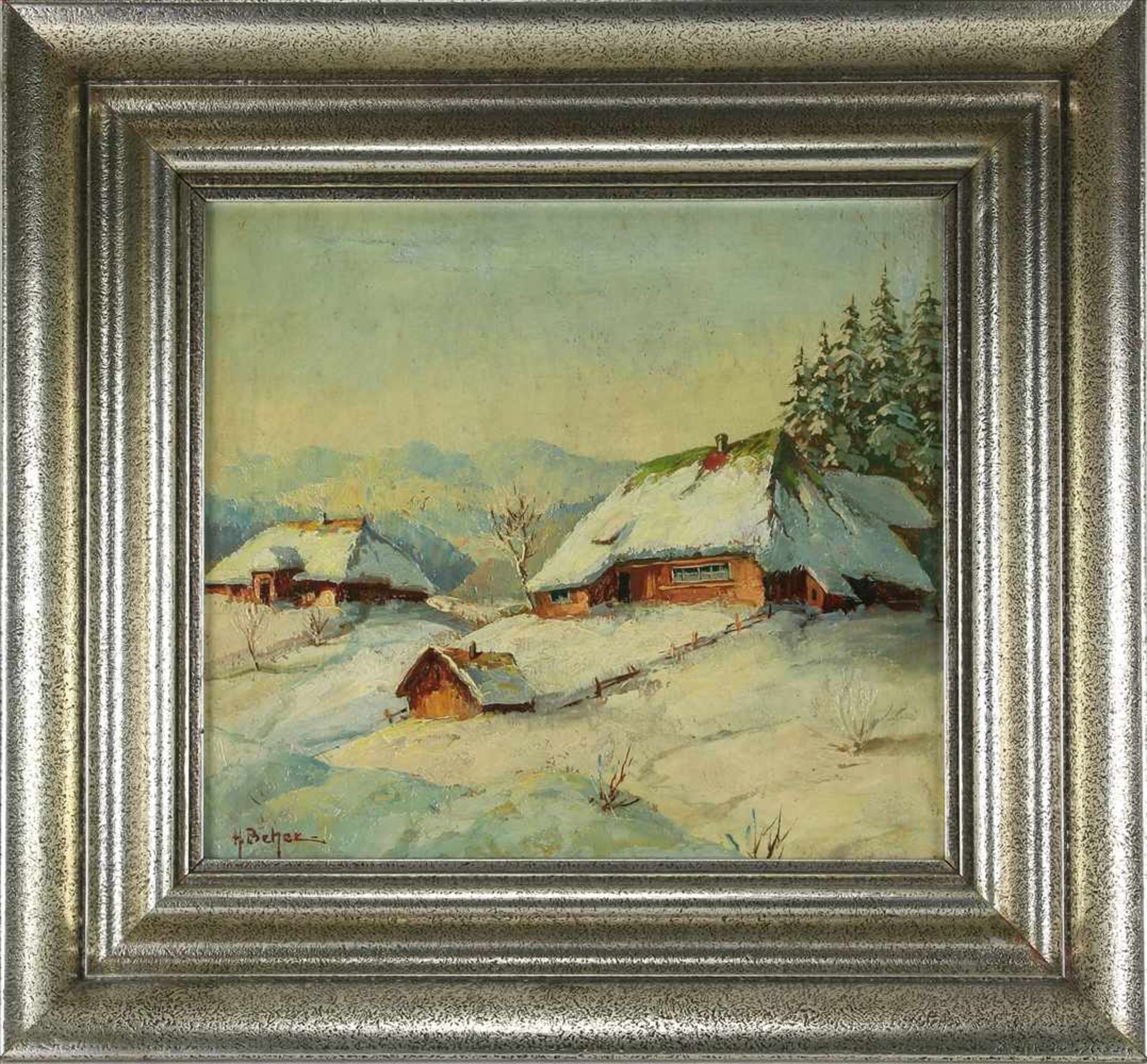 Behar, H.Wohl deutsch, um 1900. Winteridylle. Öl auf Platte. Unten links signiert. Größe ca. 24 x 21 - Bild 2 aus 4