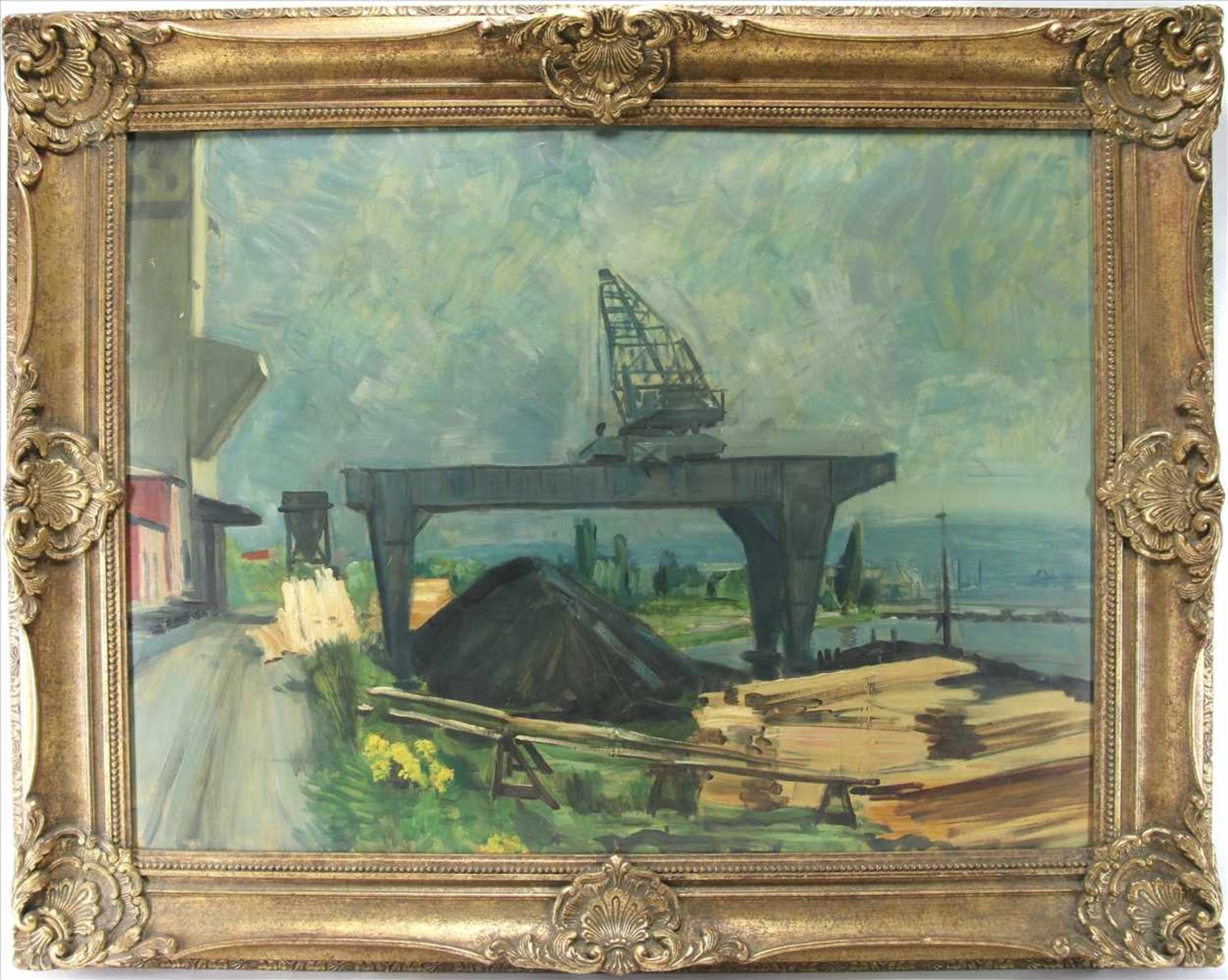 Burte-Strübe, Hermann1879 Maulburg - 1960 Lörrach. Hafen Weil am Rhein. Öl auf Holz, verso - Bild 2 aus 6