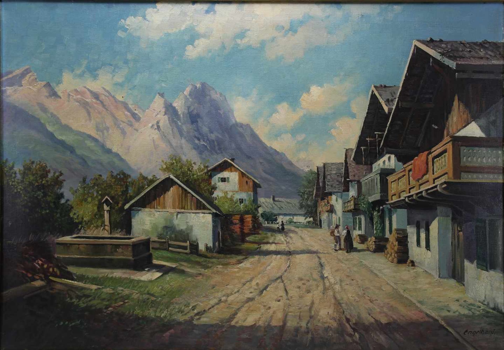 Engelhard, Anton1872 Frankfurt - 1936 Karlsruhe. Dorfstrasse in Garmisch mit dem Wettersteinmassiv