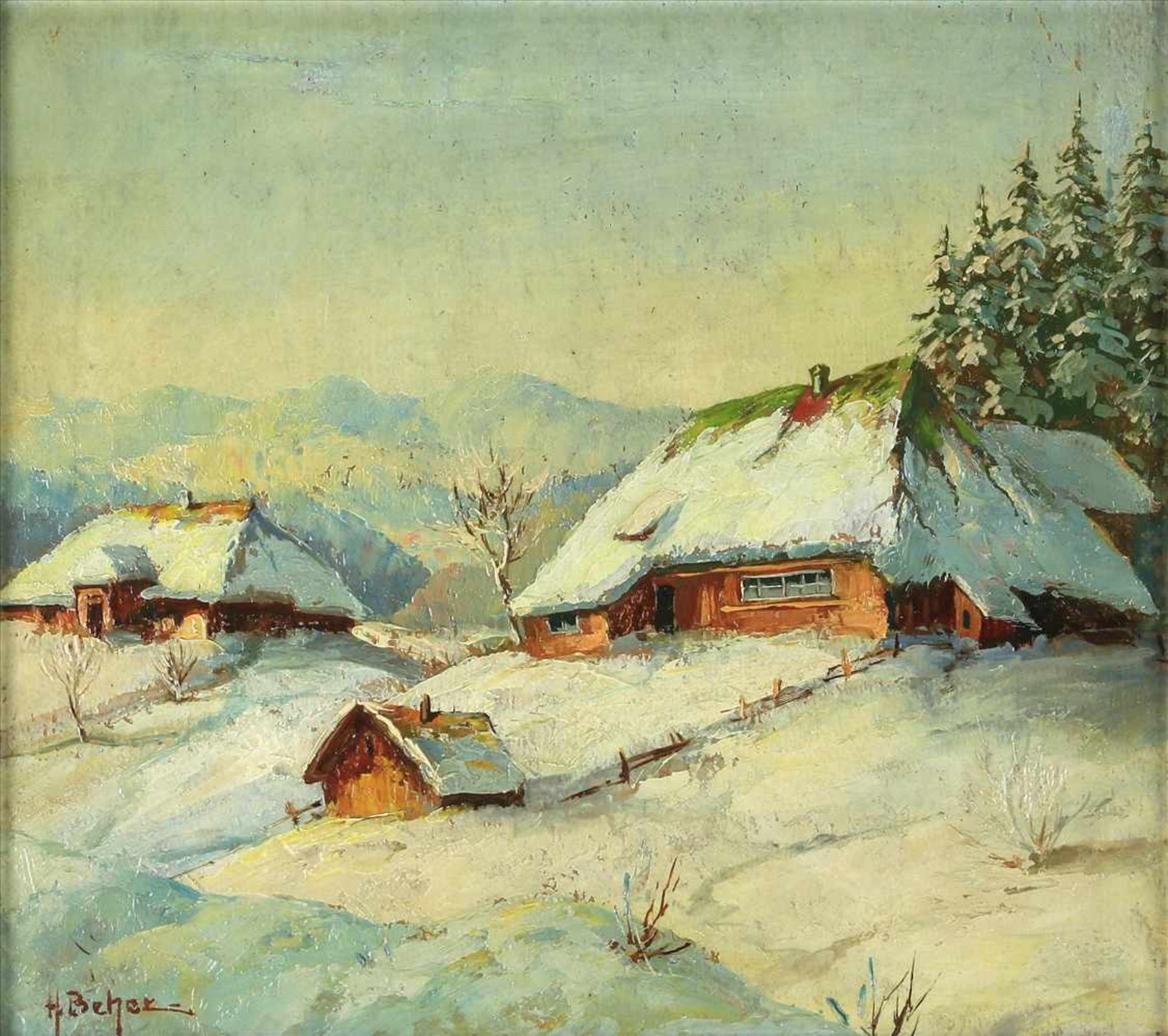 Behar, H.Wohl deutsch, um 1900. Winteridylle. Öl auf Platte. Unten links signiert. Größe ca. 24 x 21