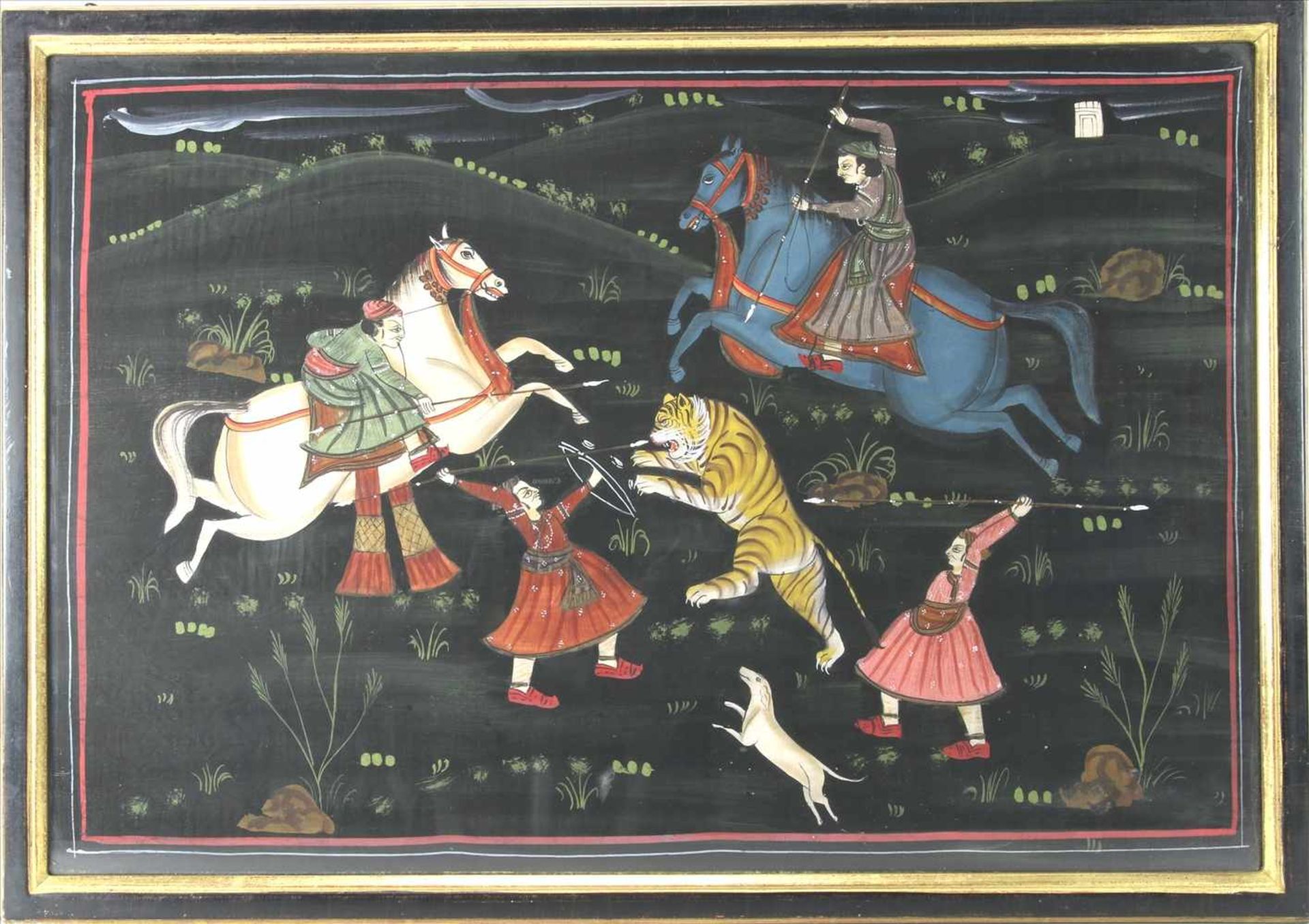 Indo-persische Jagdszene19. Jh. Vier Figuren, zwei davon beritten, im Kampf mit einem Tiger vor