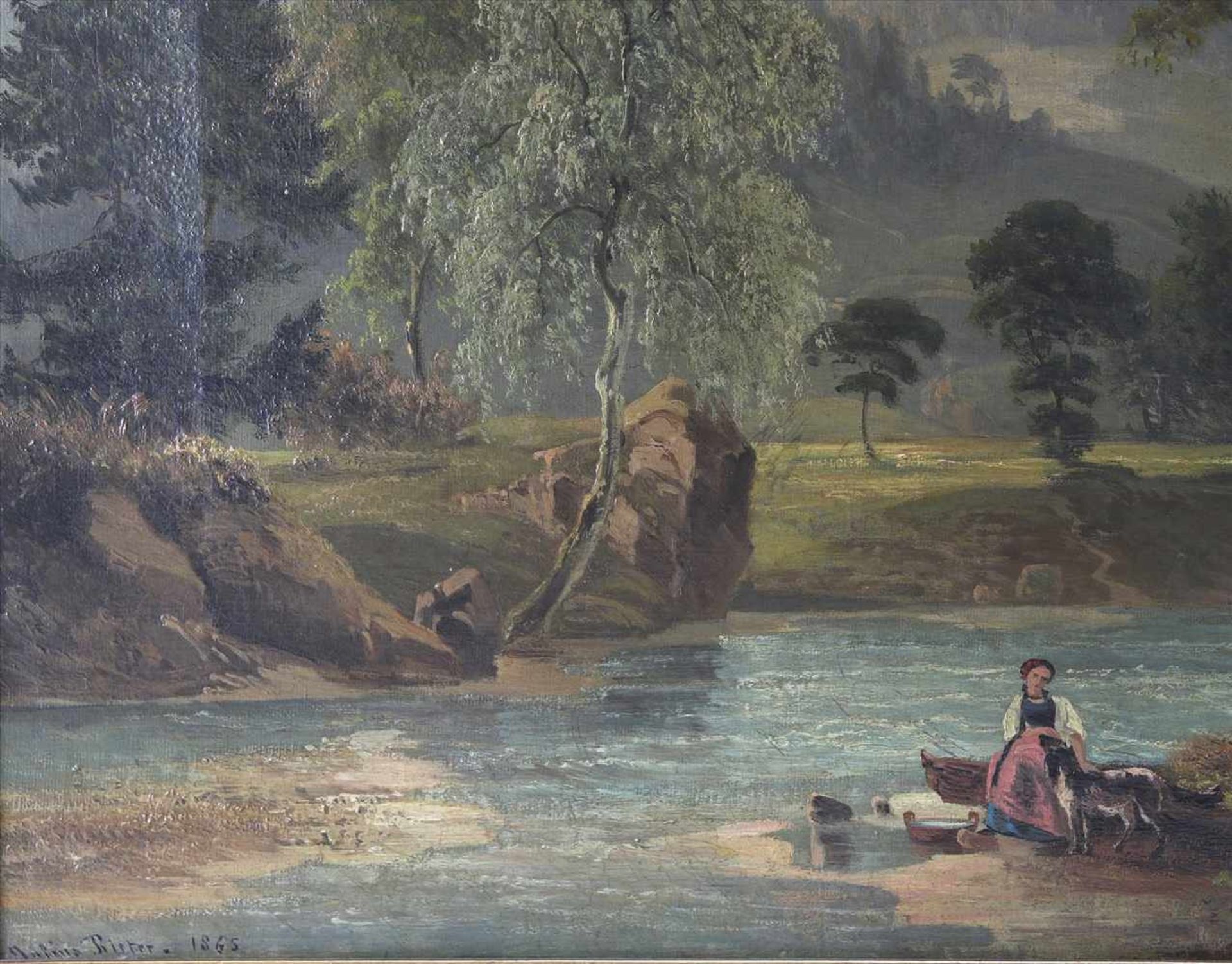 Rieter, Julius1830 Winterthur - 1897 Zürich. Schweizer Landschaft mit Wäscherin am Fluß und - Bild 3 aus 5