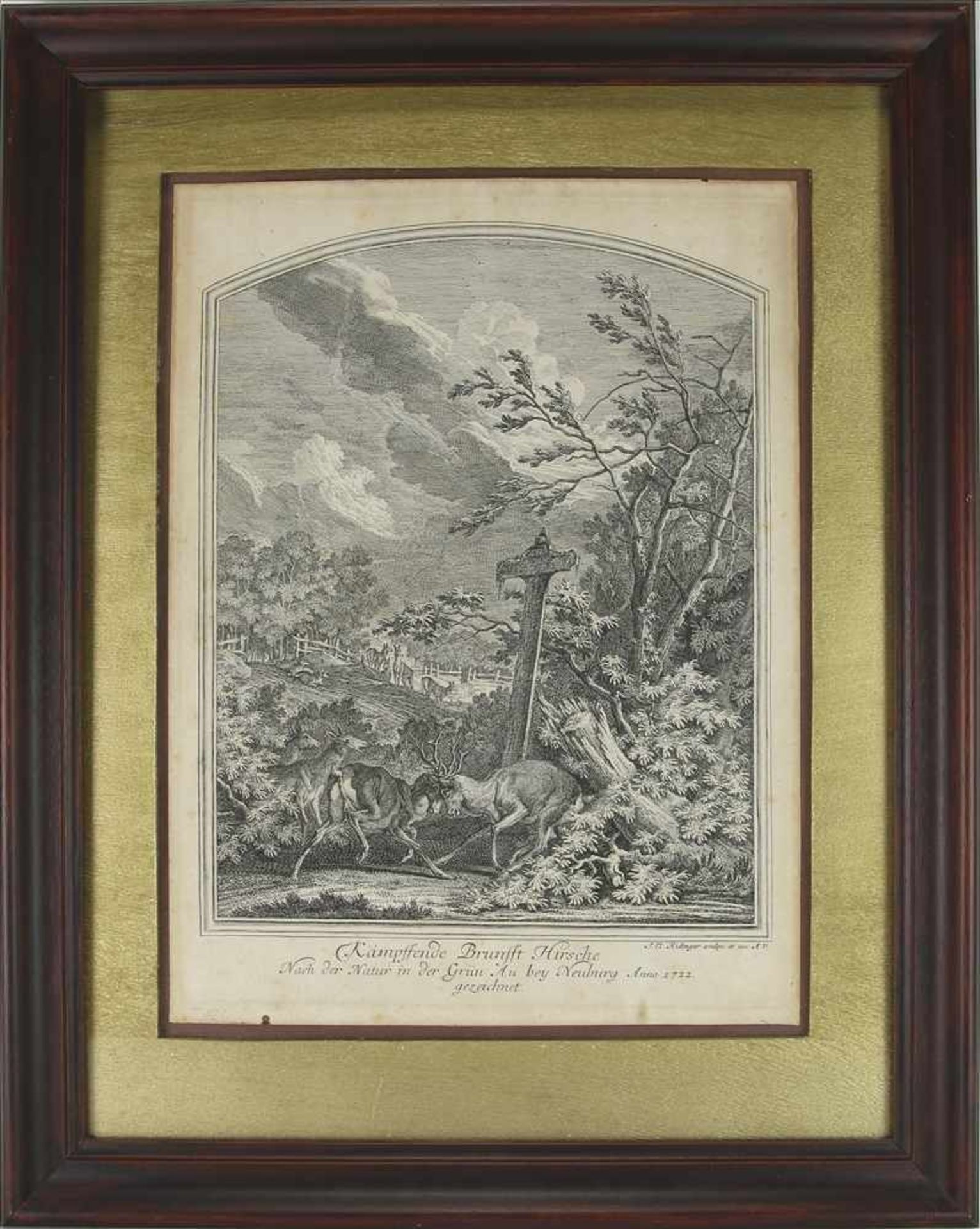 Ridinger, Johann Elias1698 Ulm - 1767 Augsburg. Kupferstich. Kämpfende Brunft Hirsche. Unten - Bild 2 aus 4