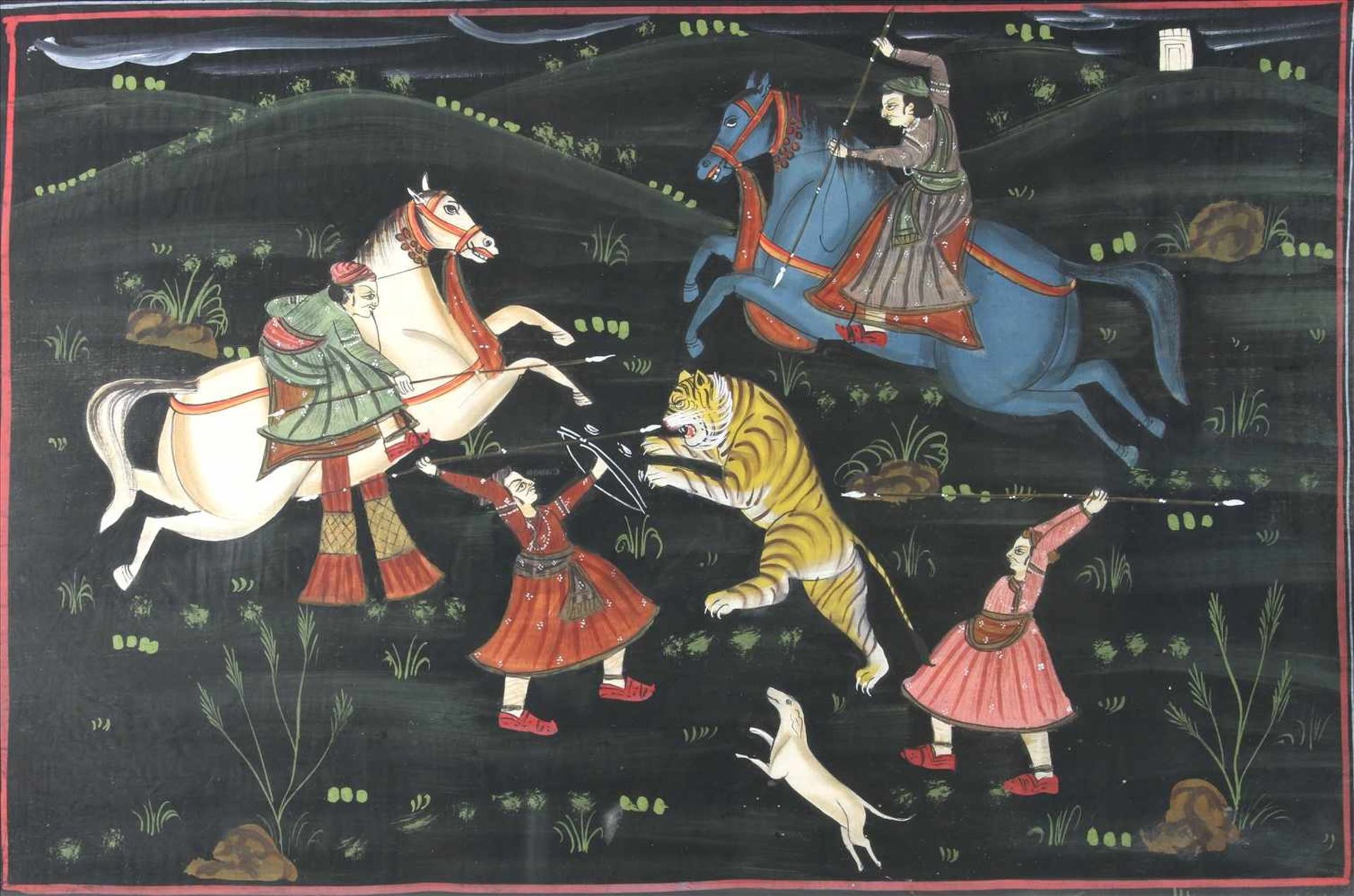 Indo-persische Jagdszene19. Jh. Vier Figuren, zwei davon beritten, im Kampf mit einem Tiger vor - Image 2 of 3