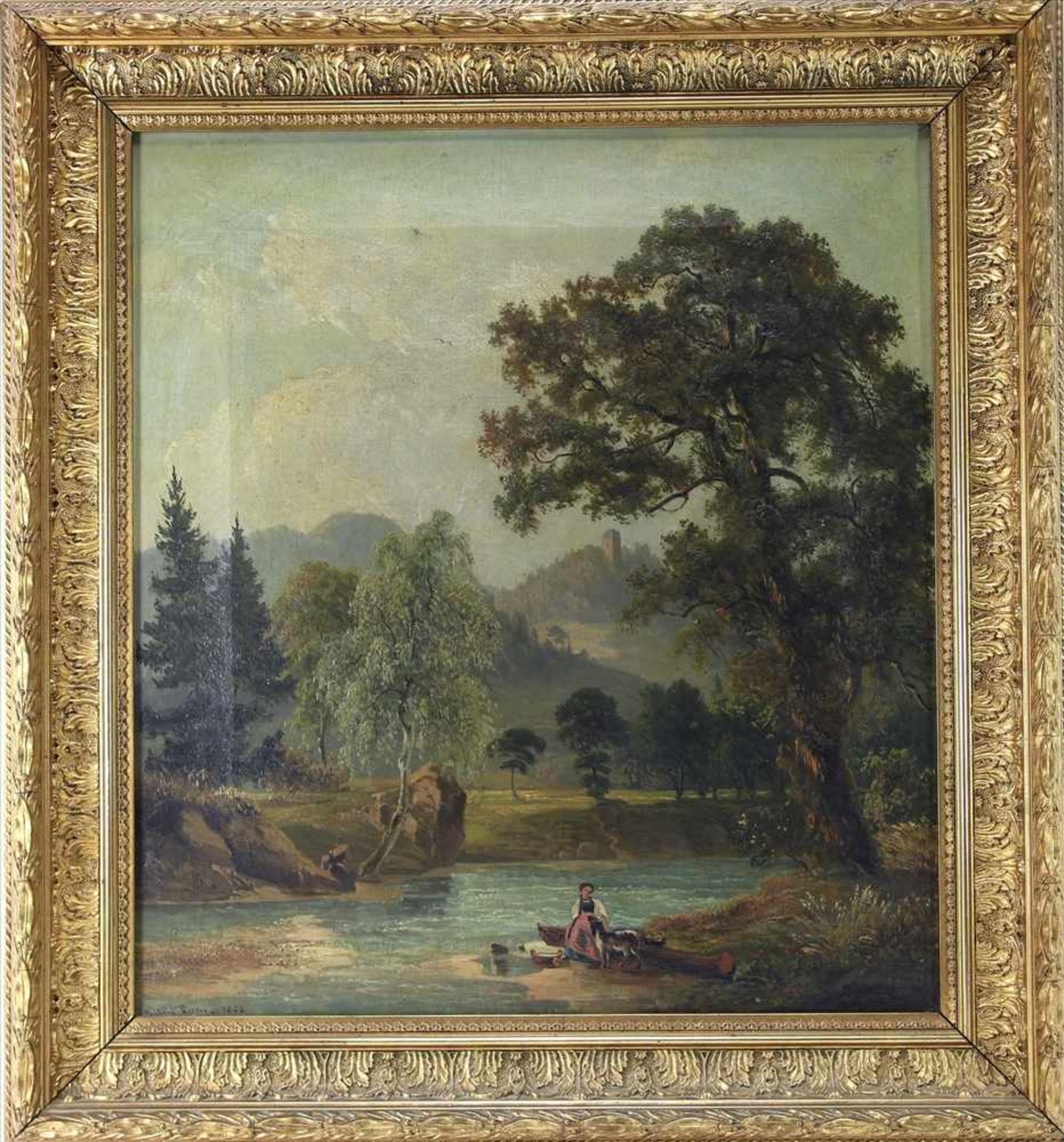 Rieter, Julius1830 Winterthur - 1897 Zürich. Schweizer Landschaft mit Wäscherin am Fluß und - Bild 2 aus 5